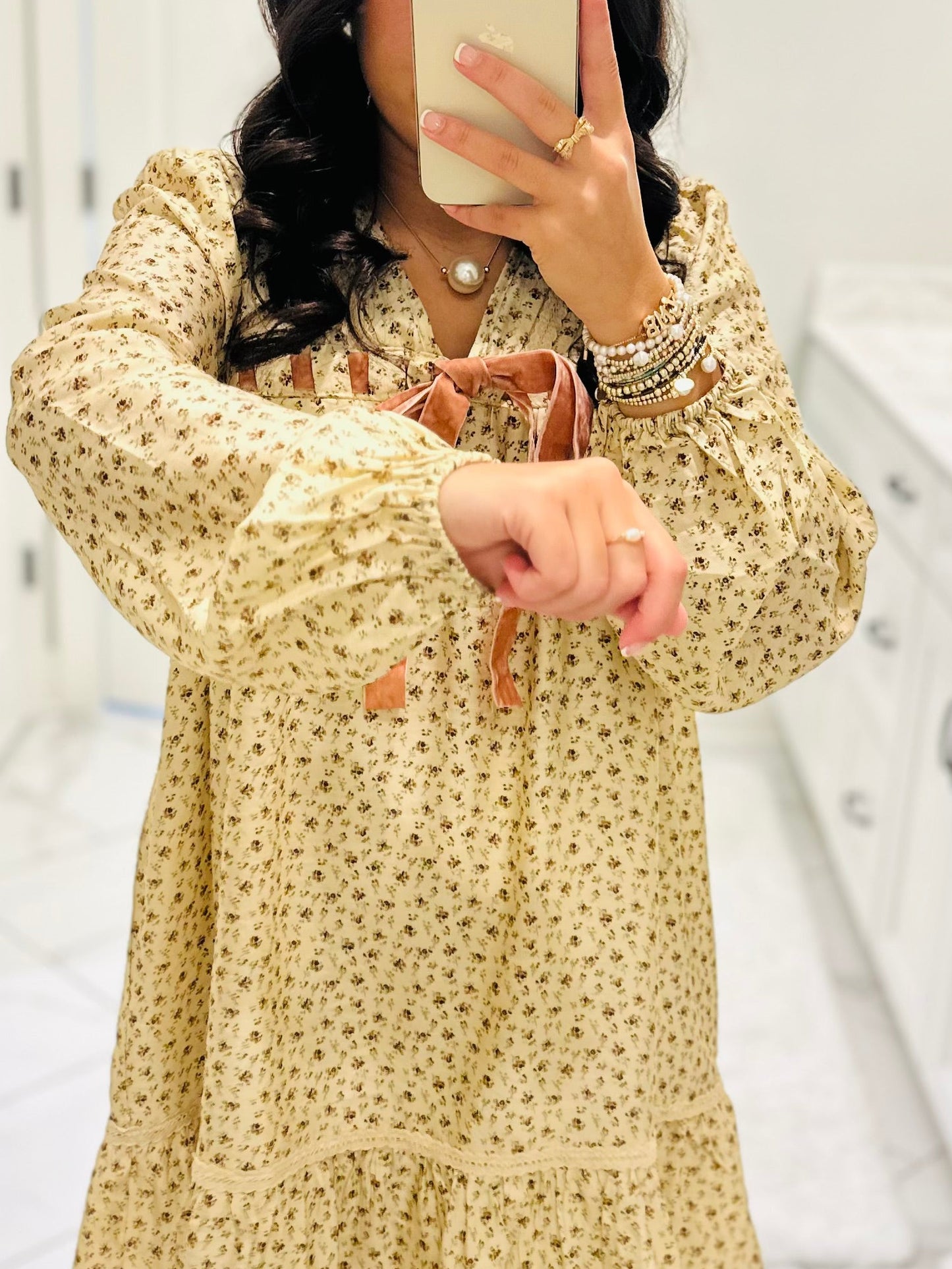 The Rhea Cream Floral Long Sleeve Bow Detail Dress