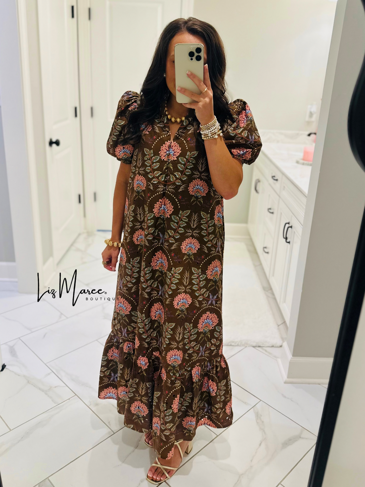 The Katherine Brown Floral Eyelet Midi Dress