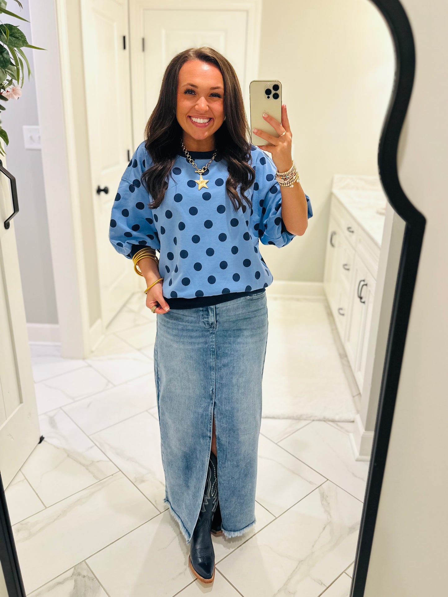 The Ainsley Blue Polka Dot Top
