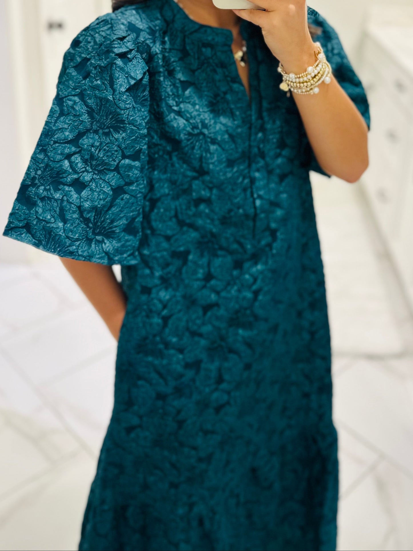 The Ada Emerald Jacquard Floral Midi Dress