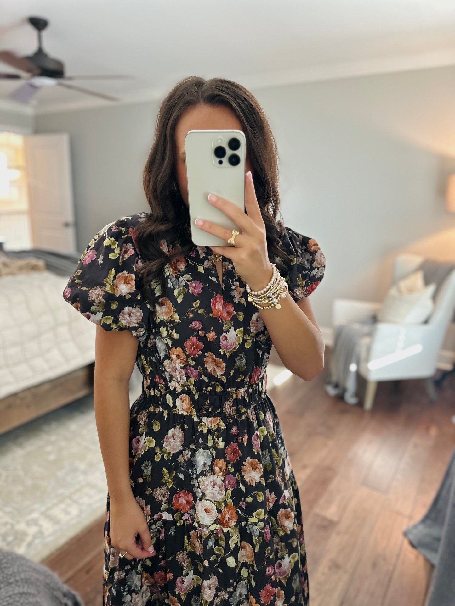 The Elizabeth Chocolate Brown Puff Sleeve Midi Dress