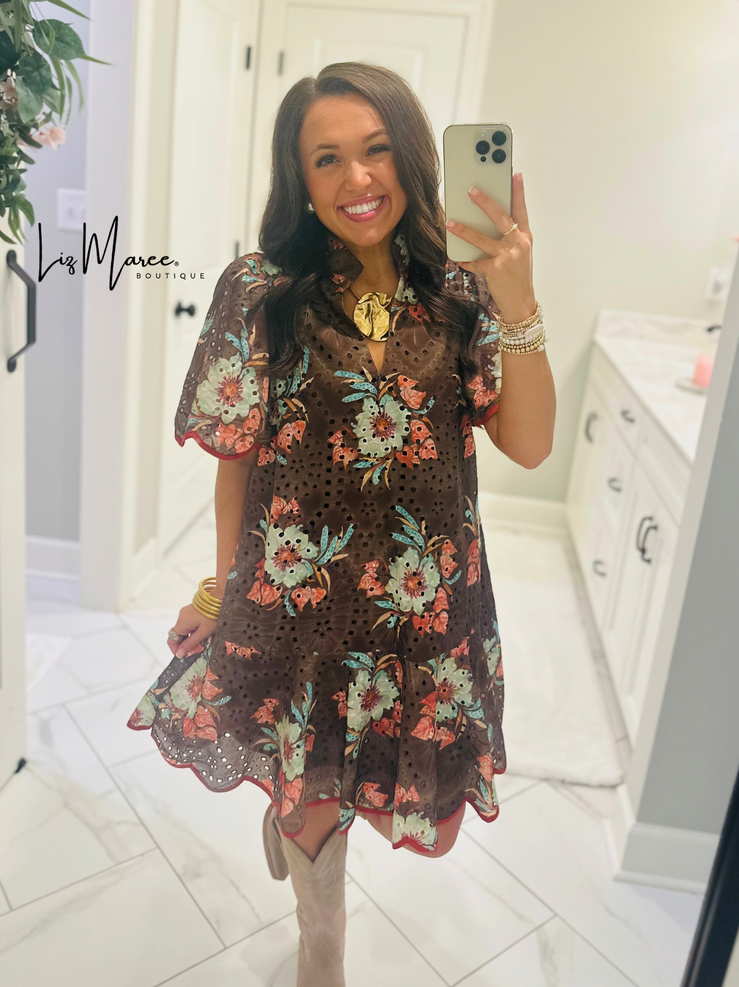 The Brinley Brown Floral Eyelet Scallop Dress