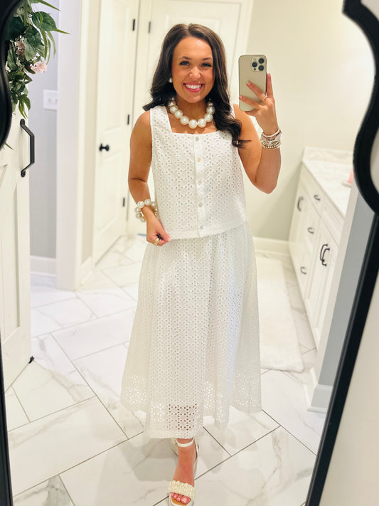 The Livi White Eyelet Top + Skirt Set