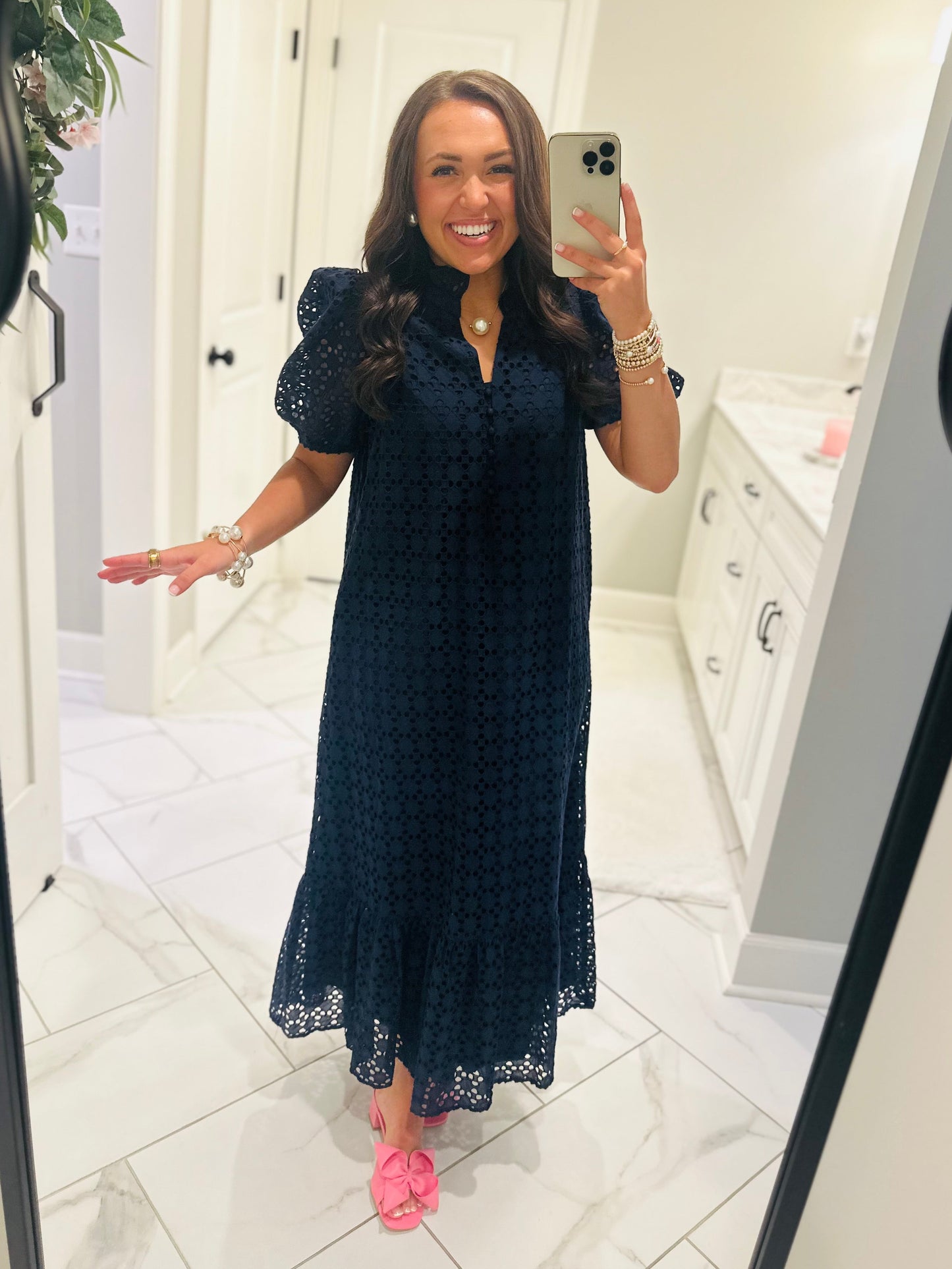 The Liz Navy Eyelet Midi Dress