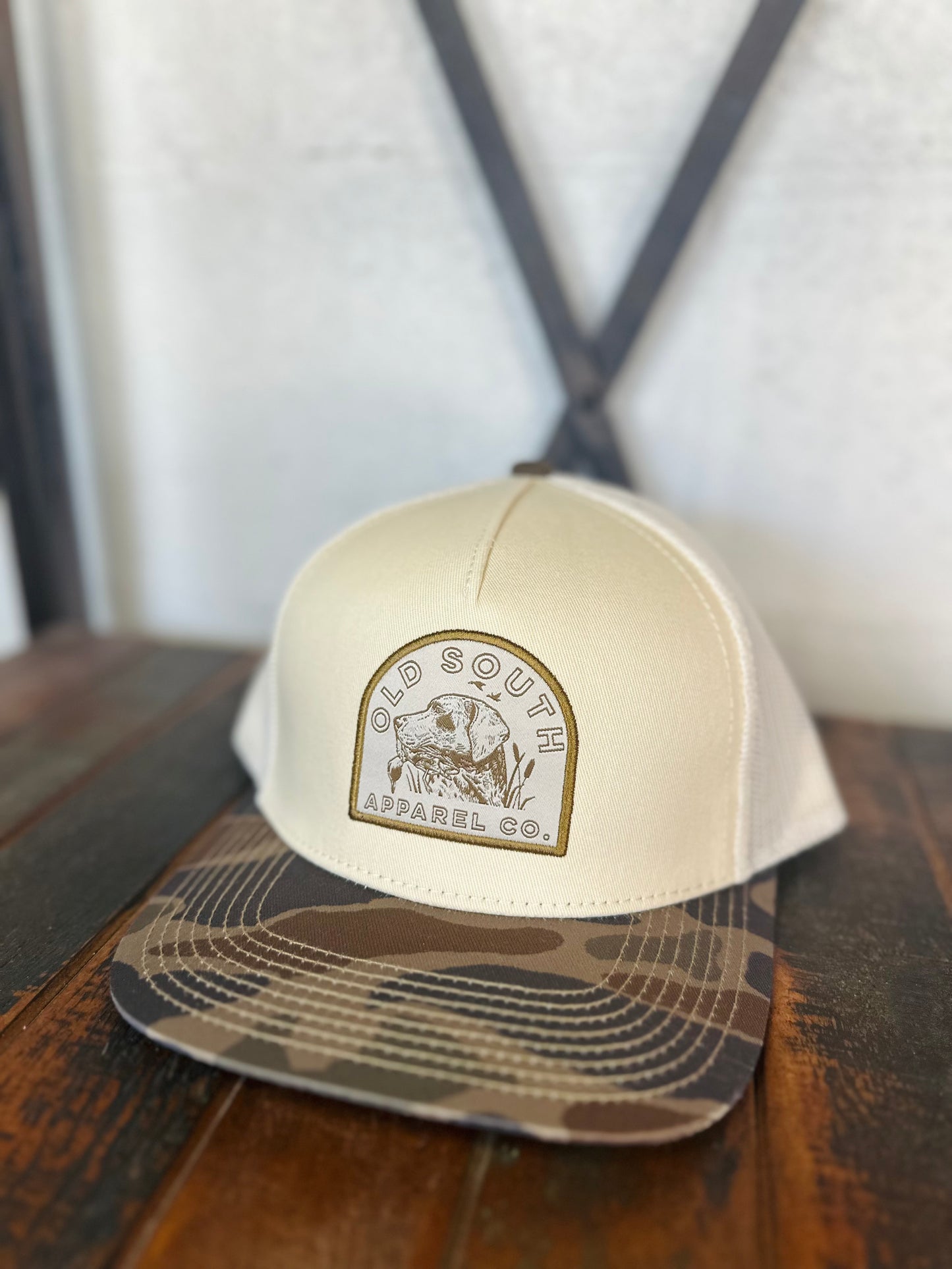Hunting Dog Trucker Hat - Cream + Thicket Camo