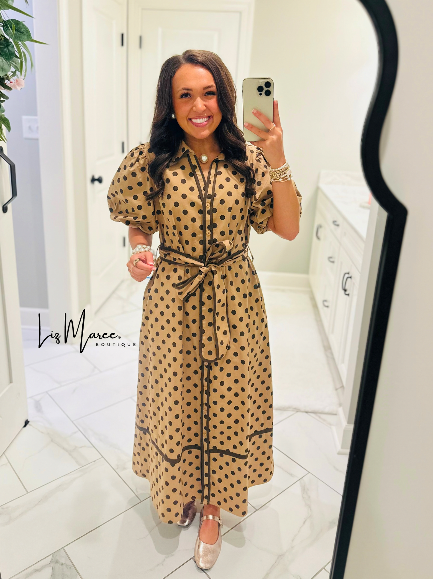 The Tatum Taupe Polka Dot Midi Dress
