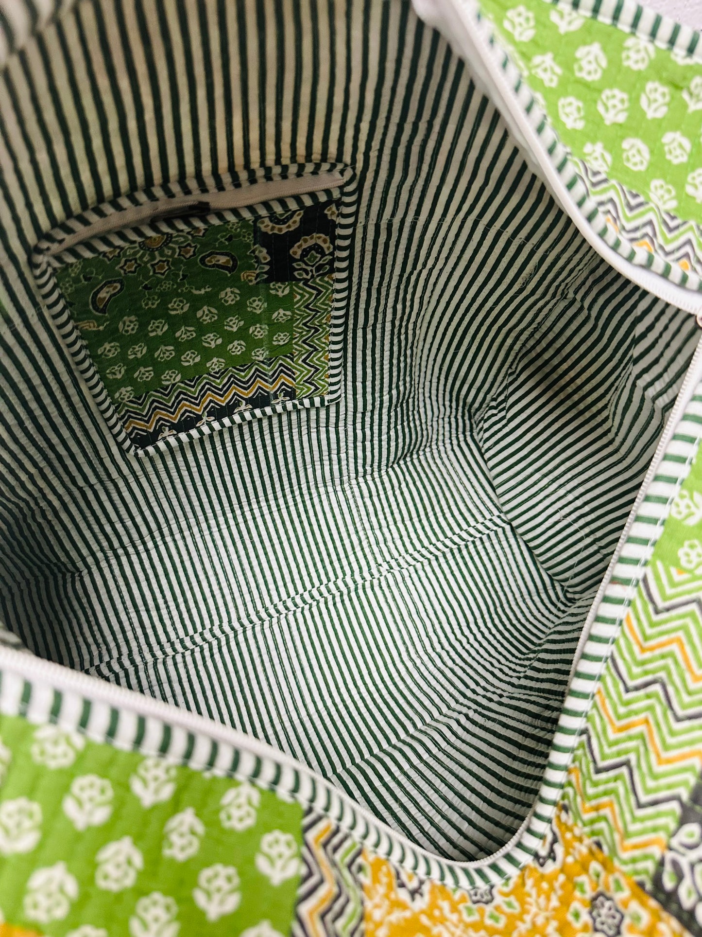 The Green + Black Multi Pattern Quilted Tote Bag