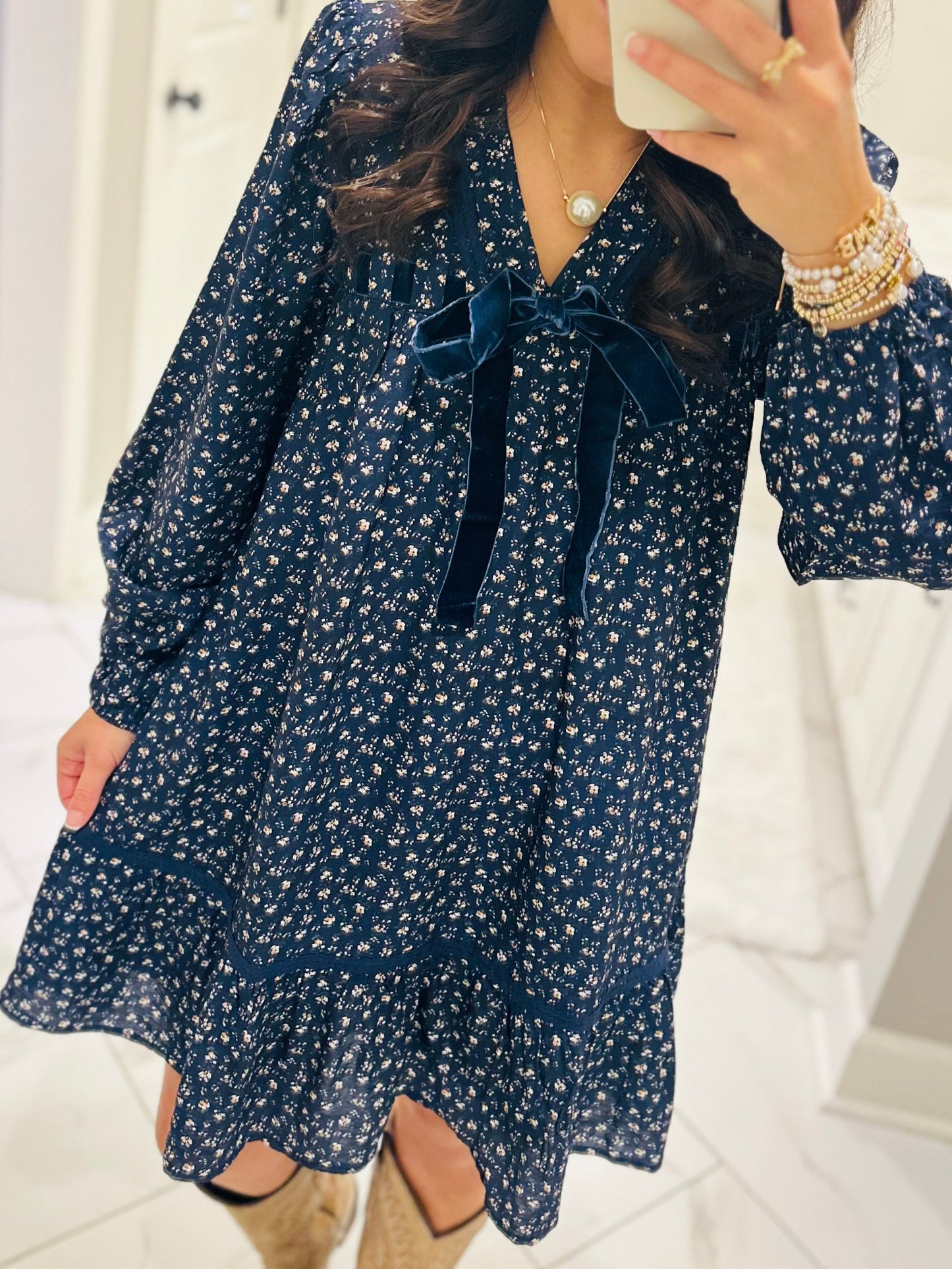 The Rhea Navy Floral Long Sleeve Bow Detail Dress