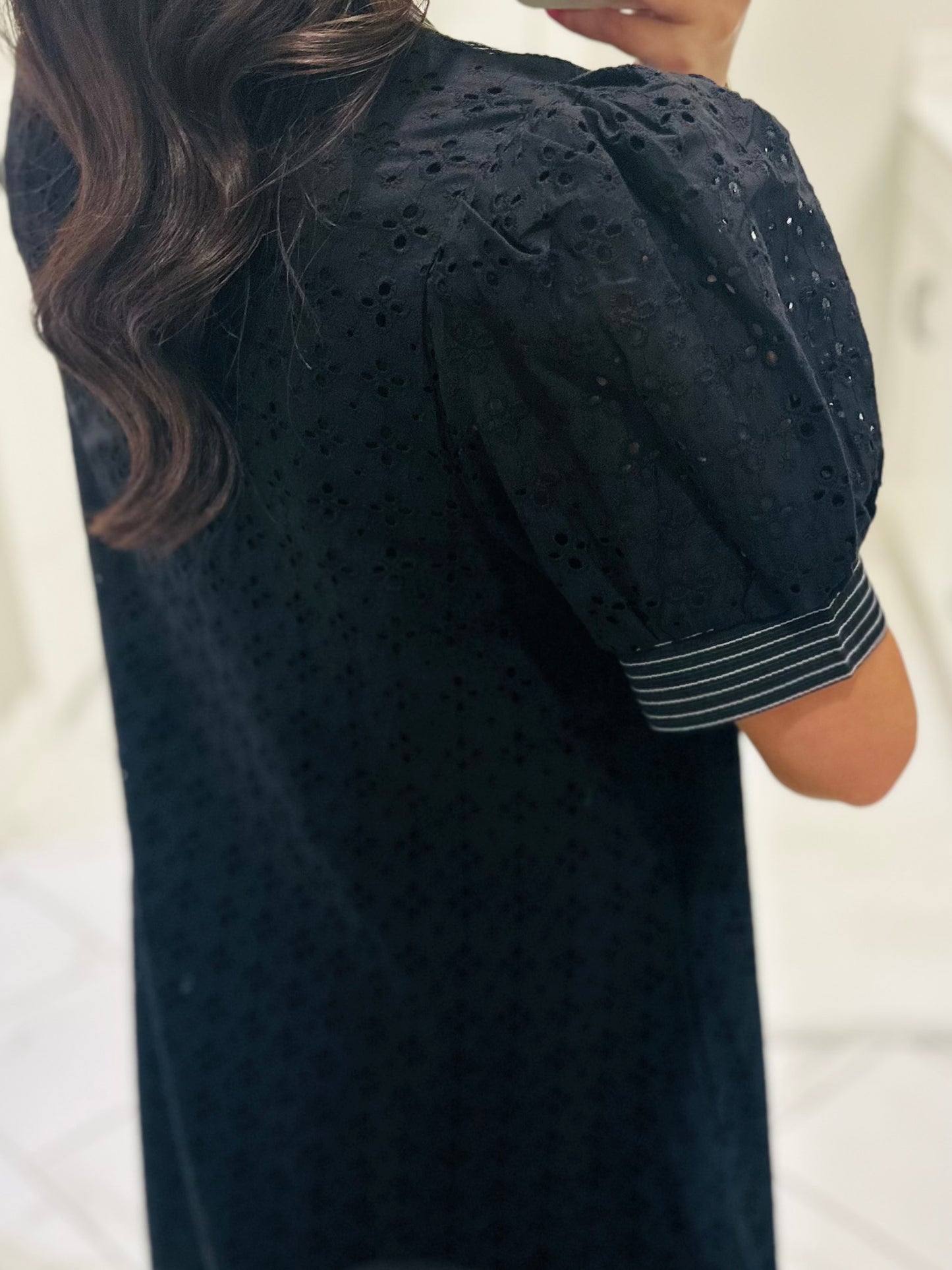 The Adley Black Eyelet Midi Dress