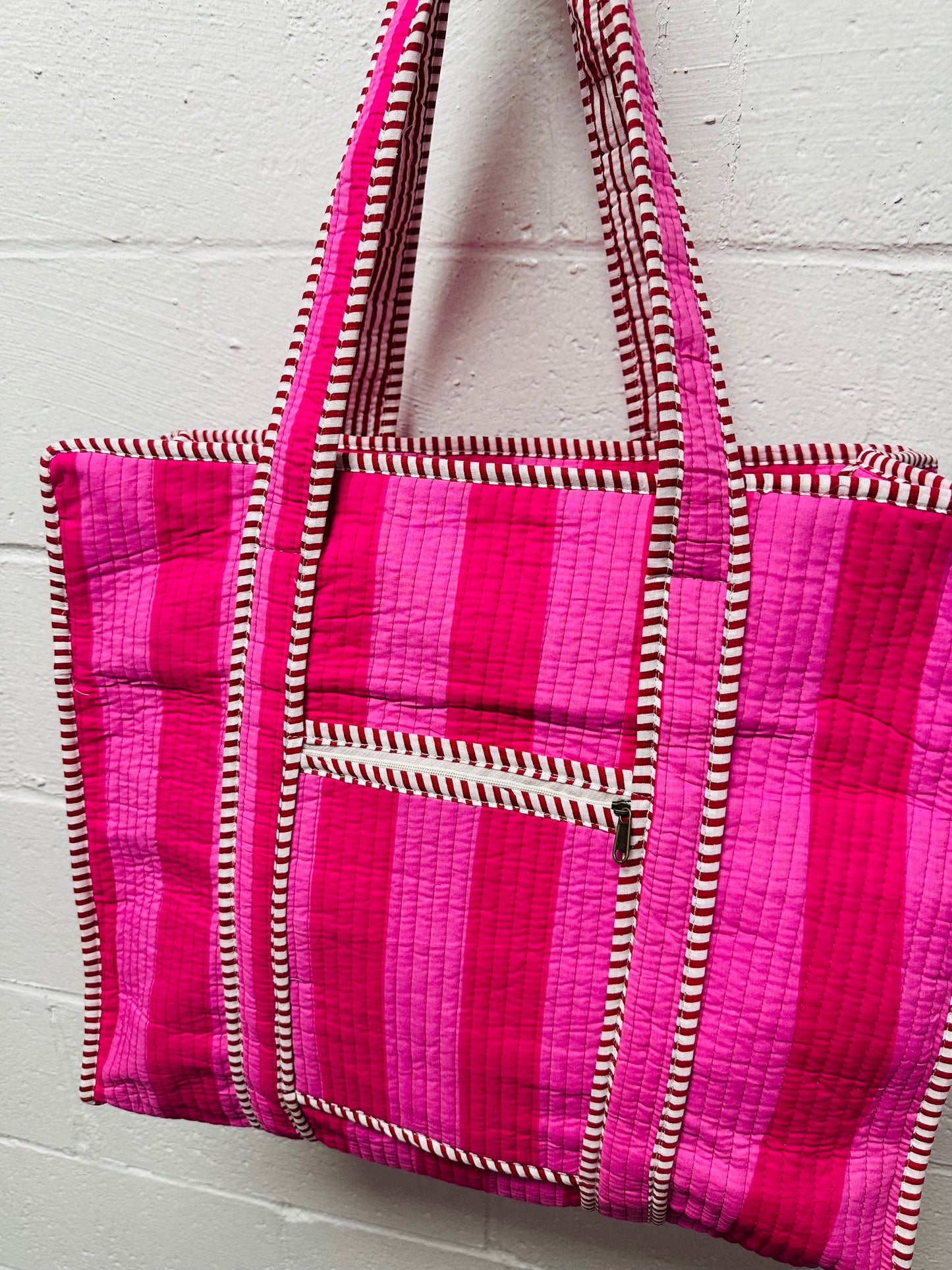 The Pink + Red Striped Quilted Tote Bag