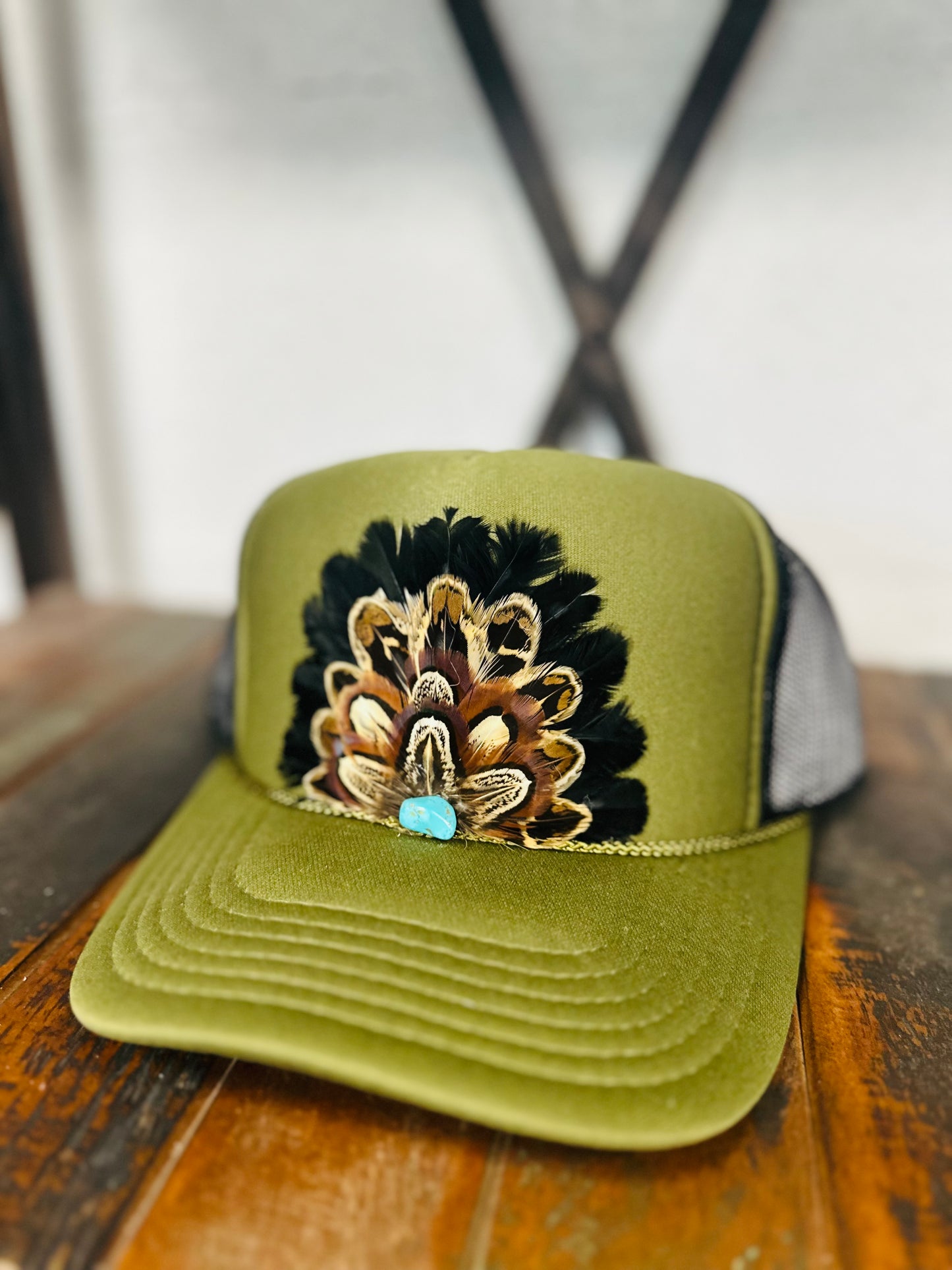 Olive Green Feather + Turquoise Stone Trucker Hat