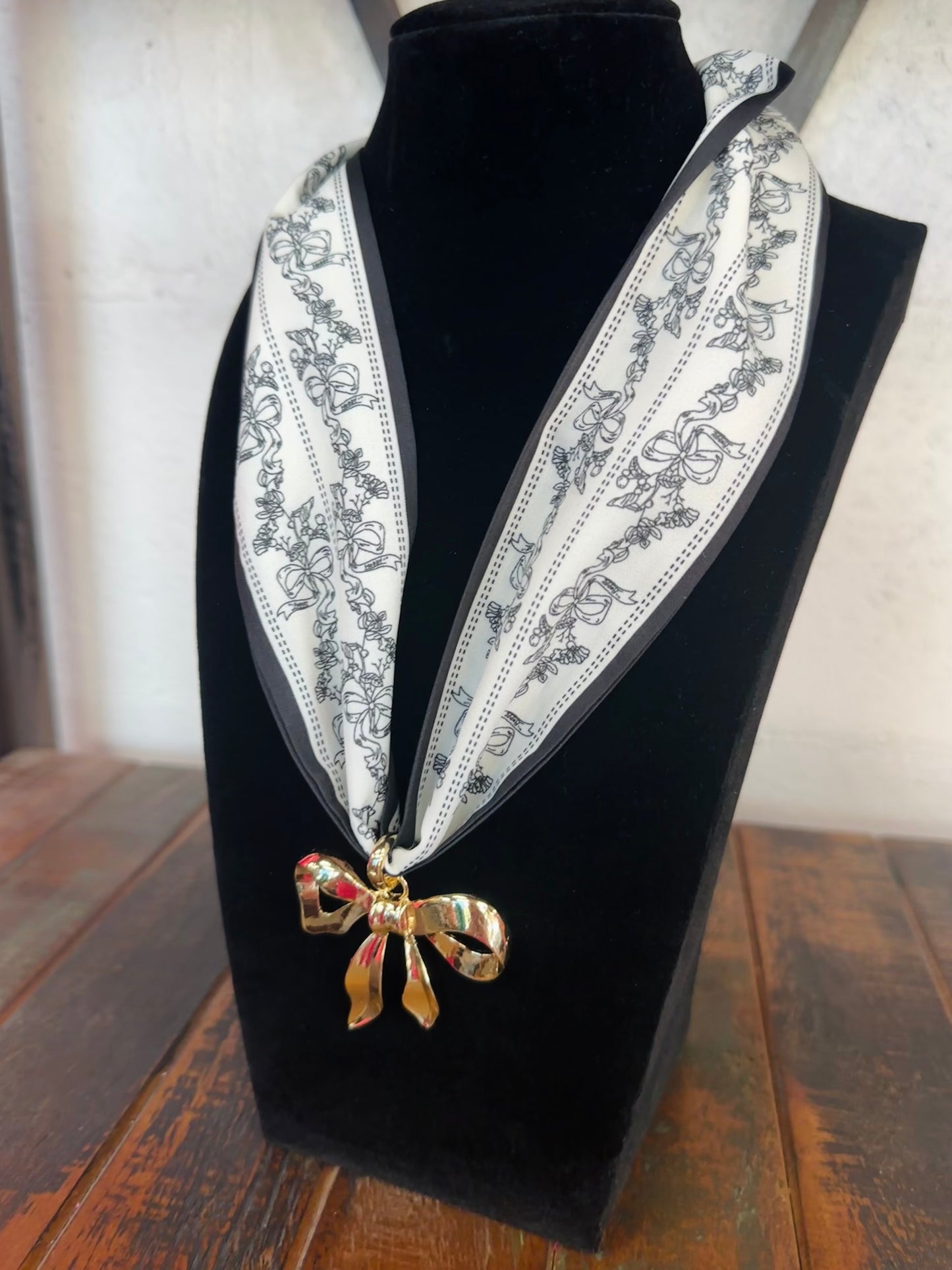 Black Bow Floral Silk Scarf + Gold Bow Pendant