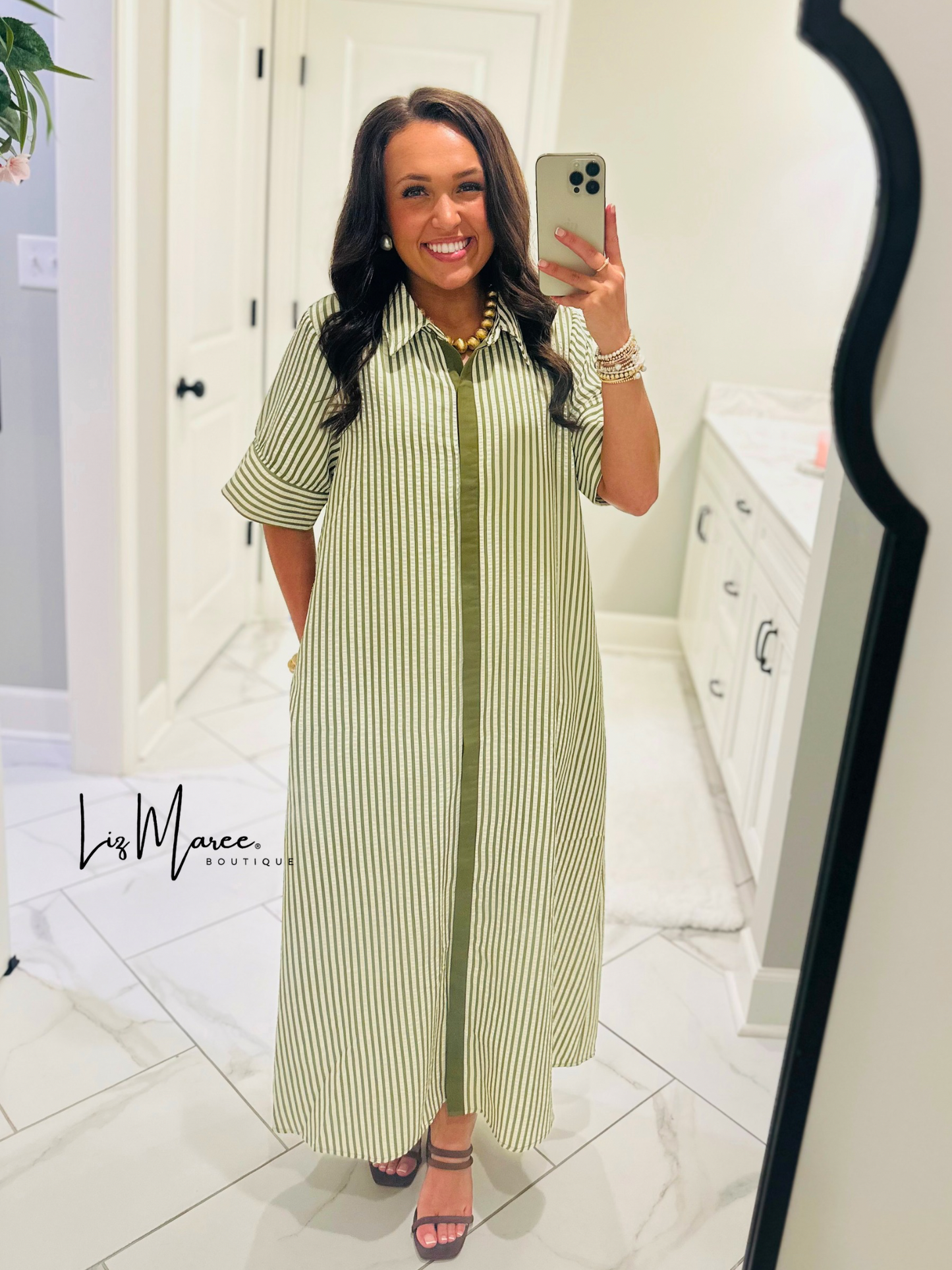 The Nora Olive Green Striped Midi Dress