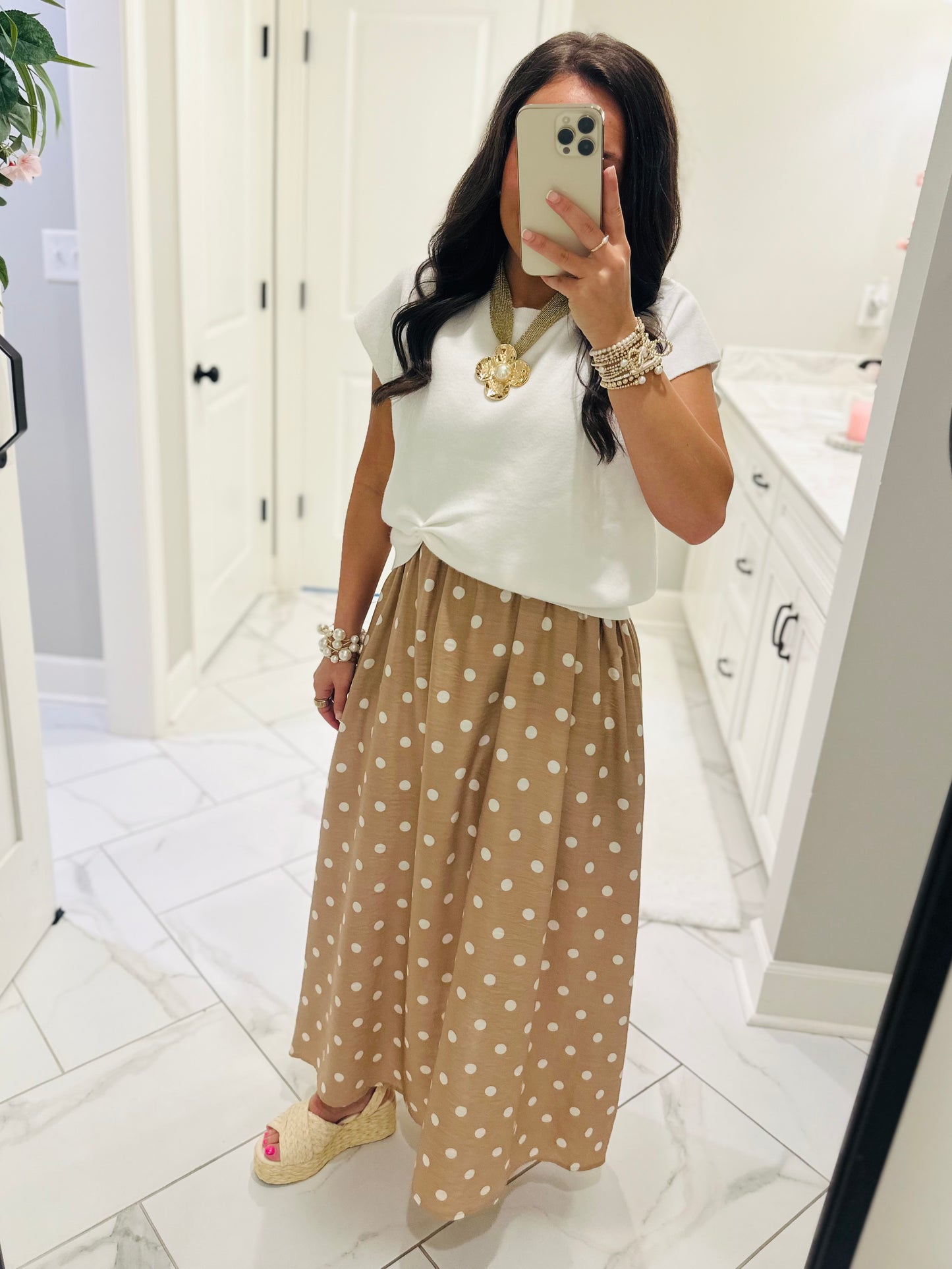The Lennon Cream Tan Layered Polka Dot Midi Dress