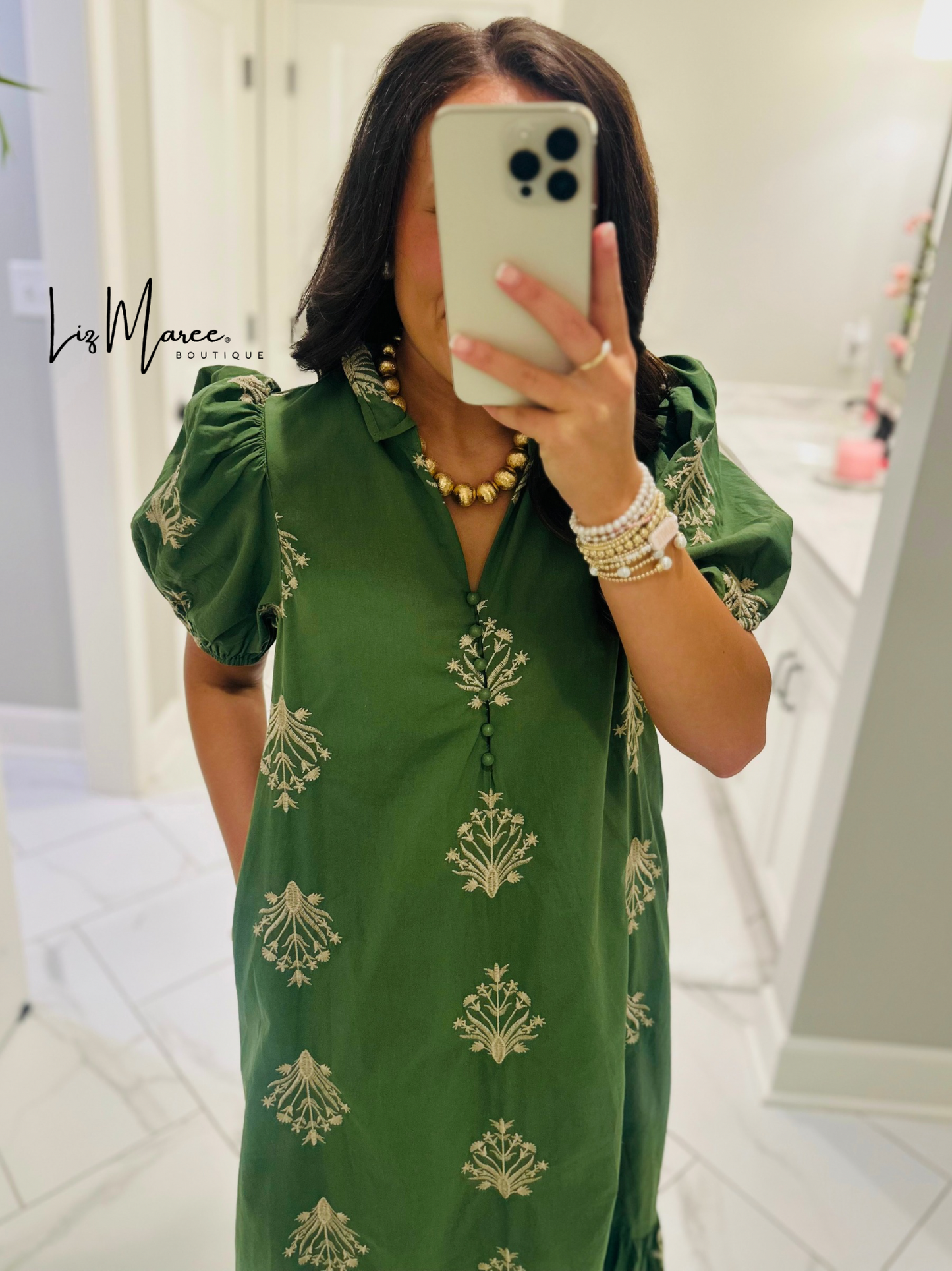 The Nola Olive Green Botanical Embroidered Midi Dress