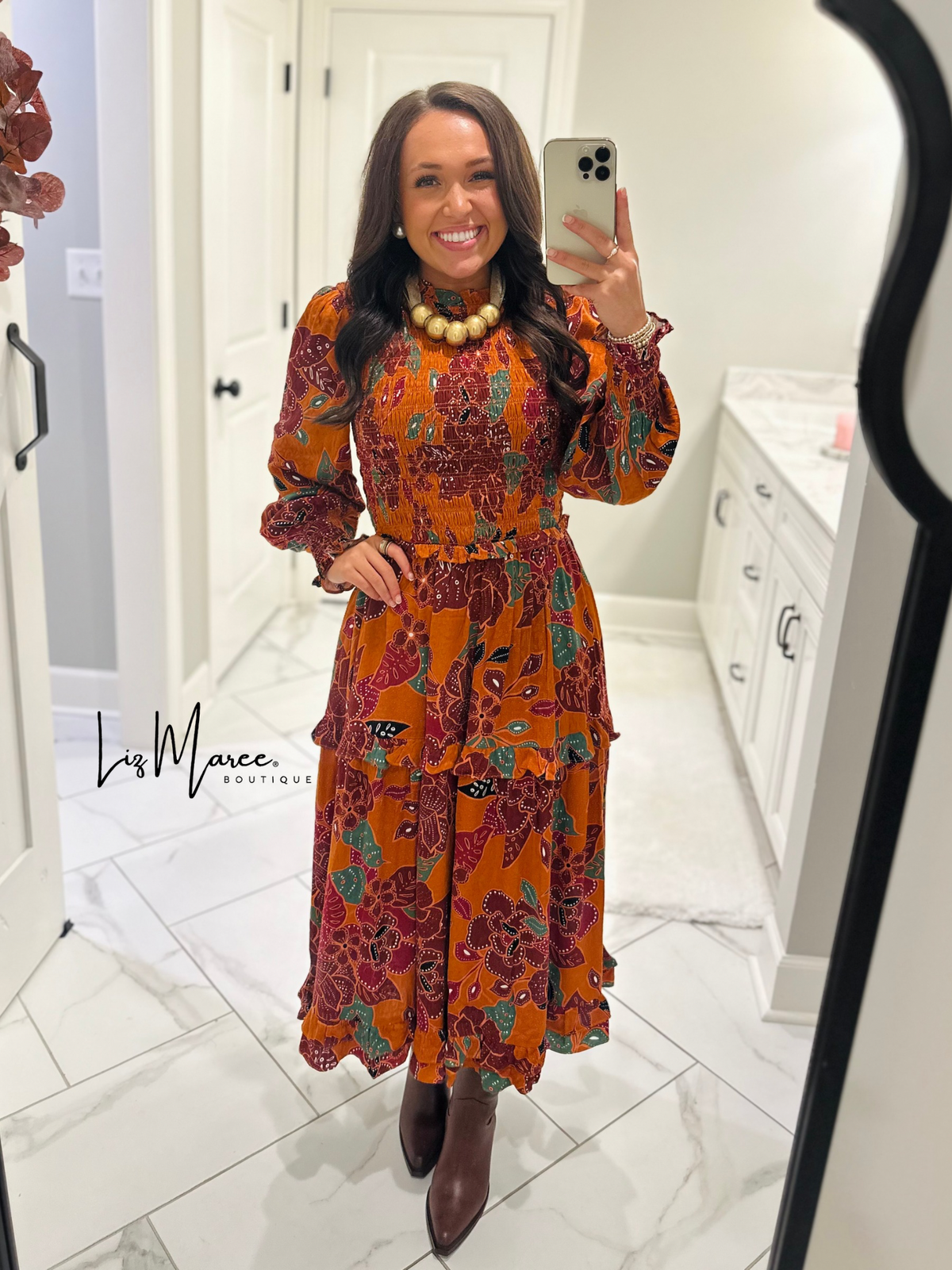The Marven Rust Brown Floral Smocked Midi Dress