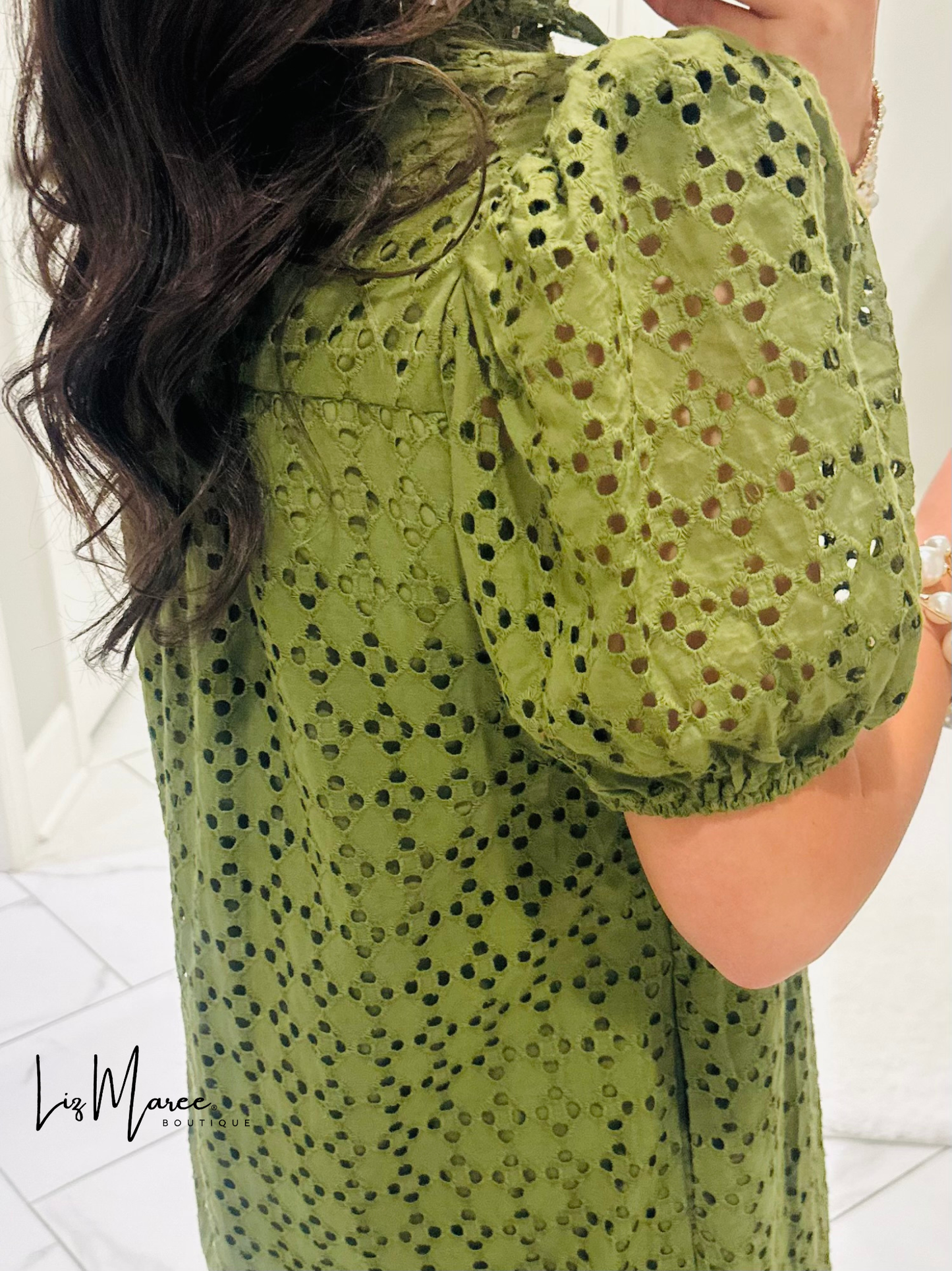 The Liz Olive Green Eyelet Midi Dress
