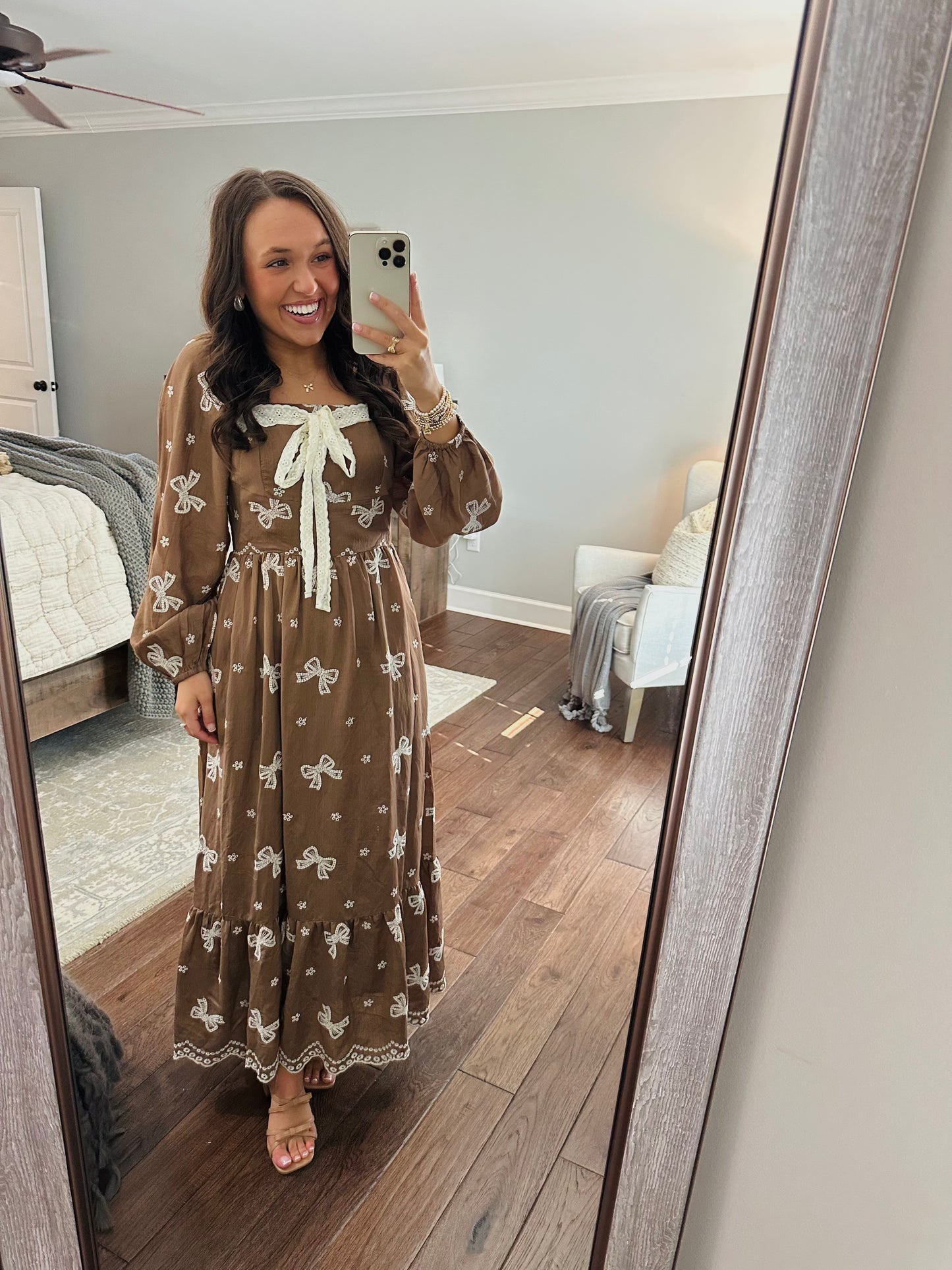 The Bruna Brown Bow Embroidered Midi Dress