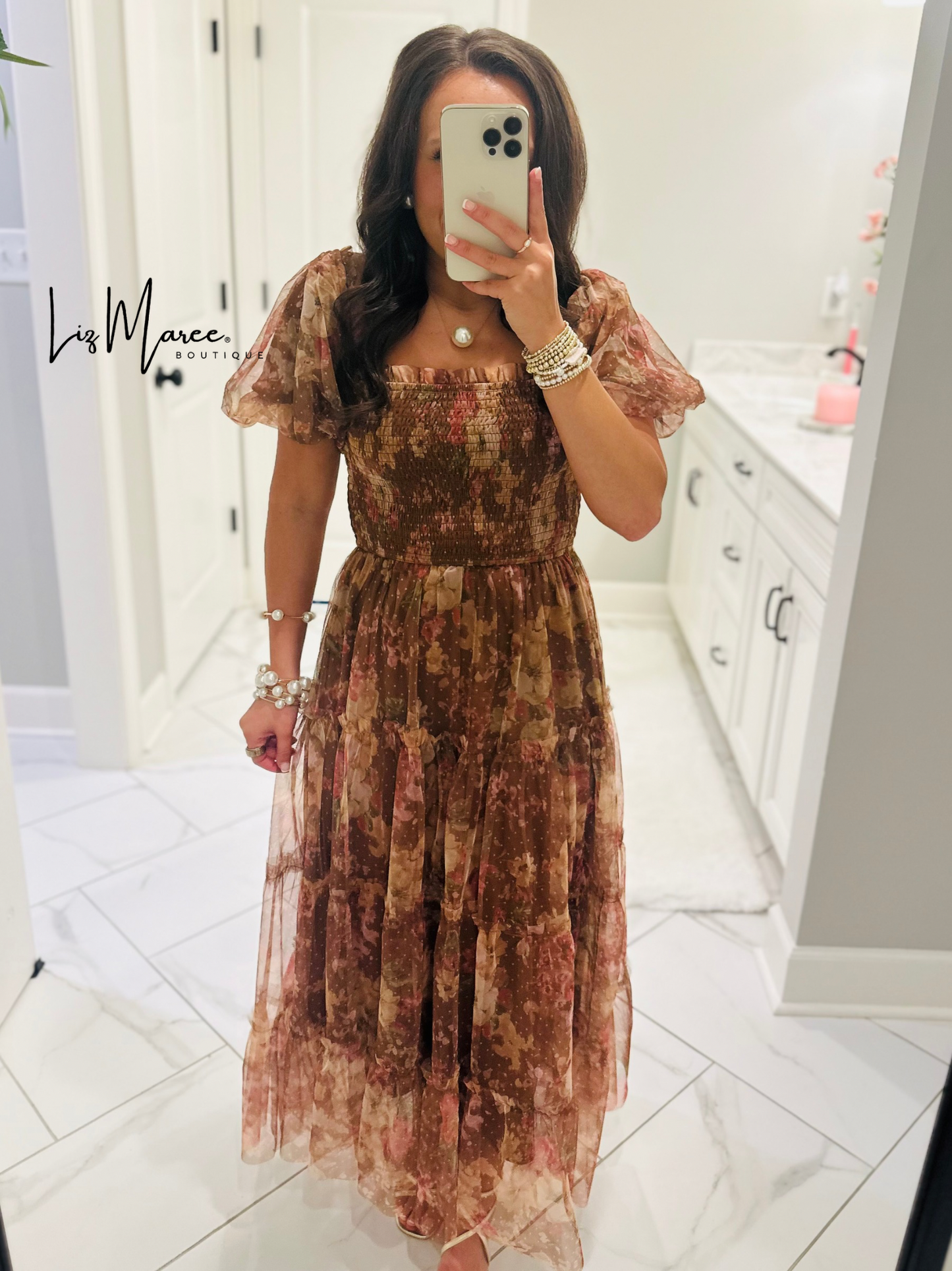 The Halston Light Brown Floral Polka Dot Midi Dress