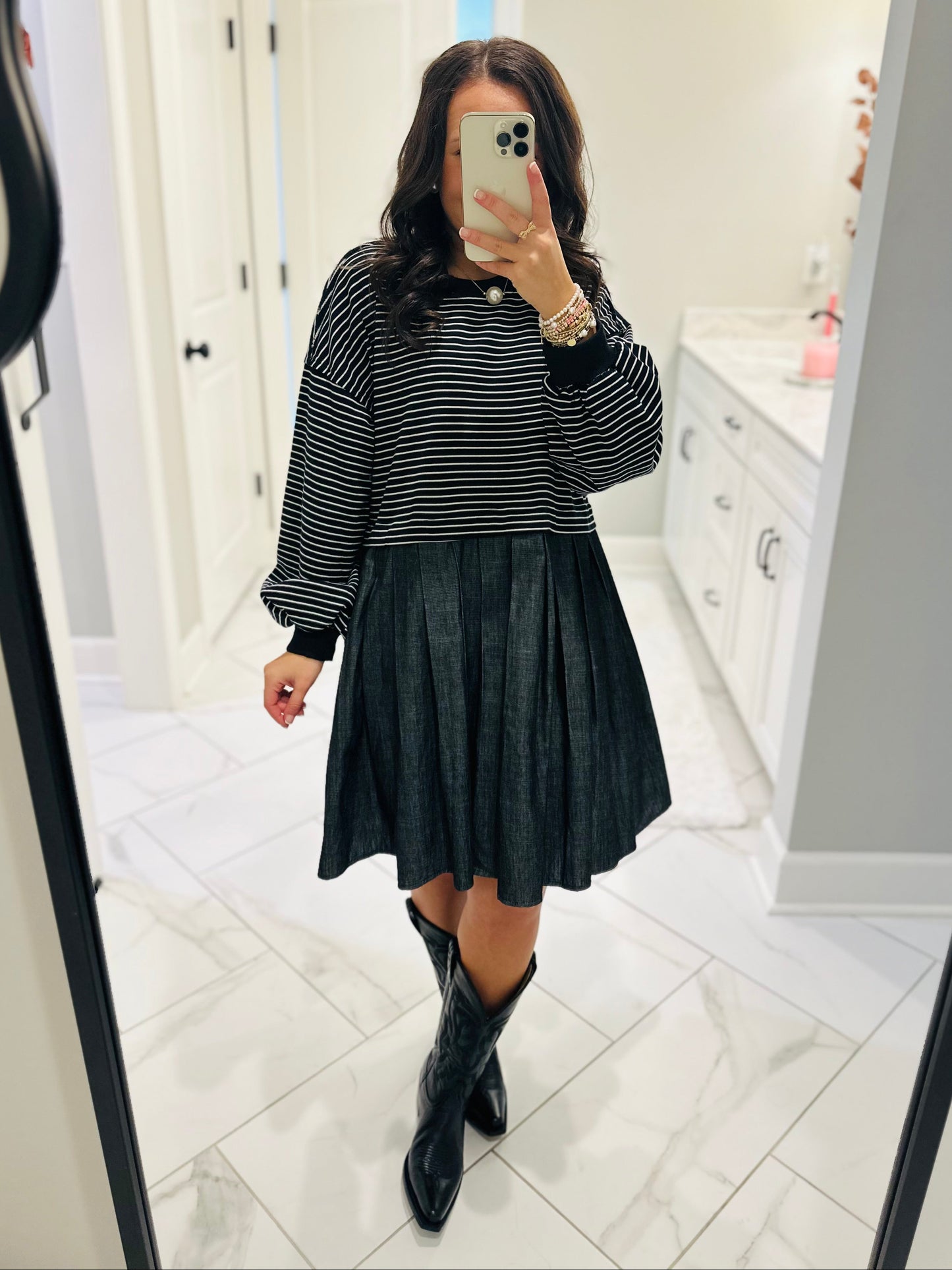 The Ella Long Sleeve Pleated Dress - Black / Denim