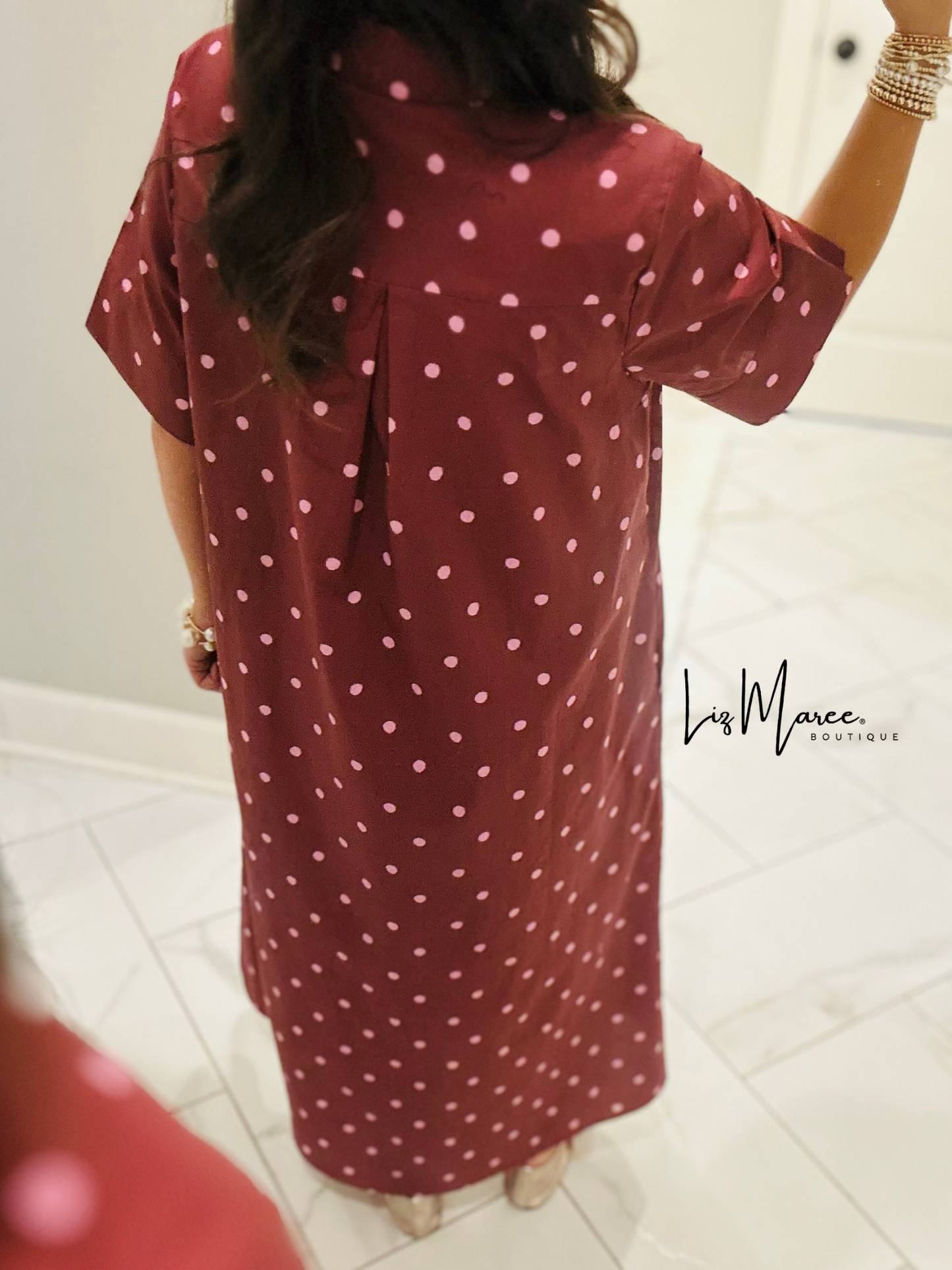 The Ruth Burgundy + Pink Polka Dot Midi Dress
