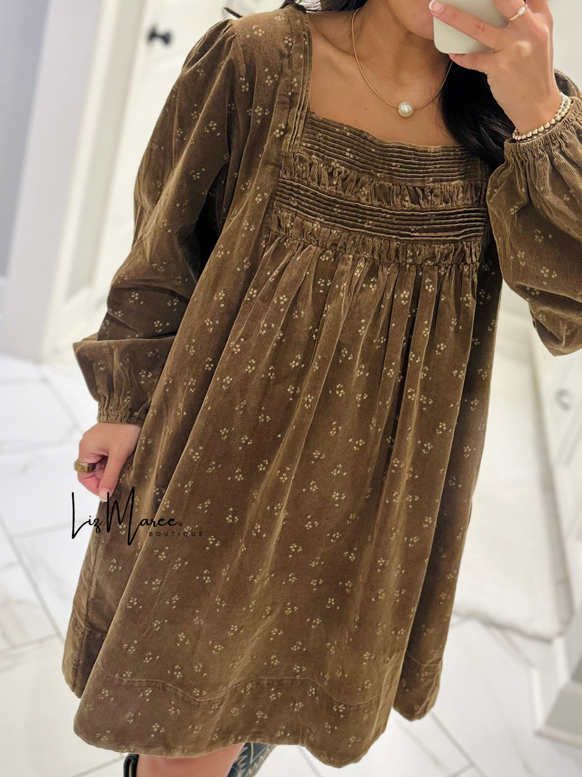 The Cassie Dark Camel Floral Corduroy Dress