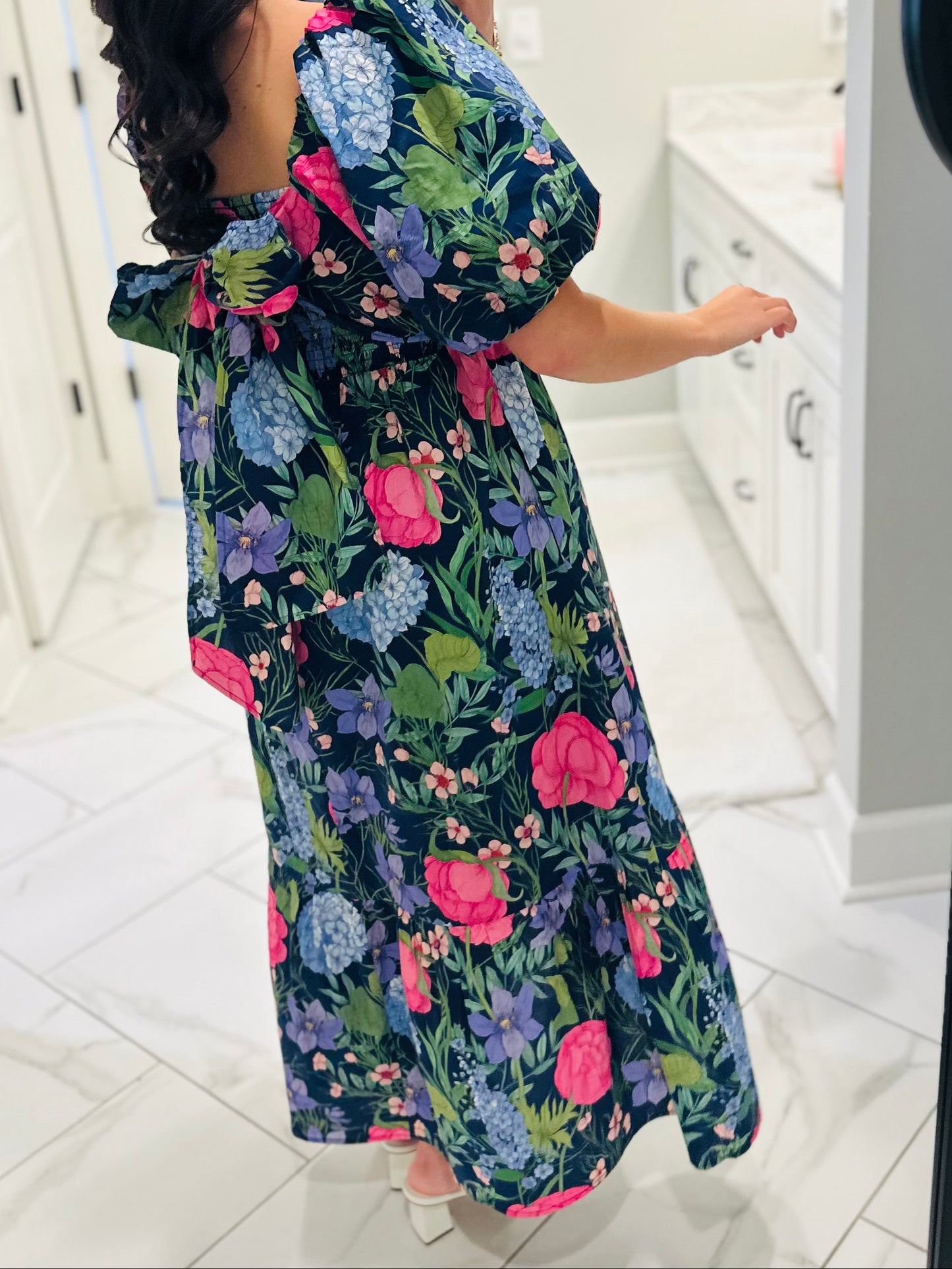 The Danyale Navy Floral Bow Midi Dress