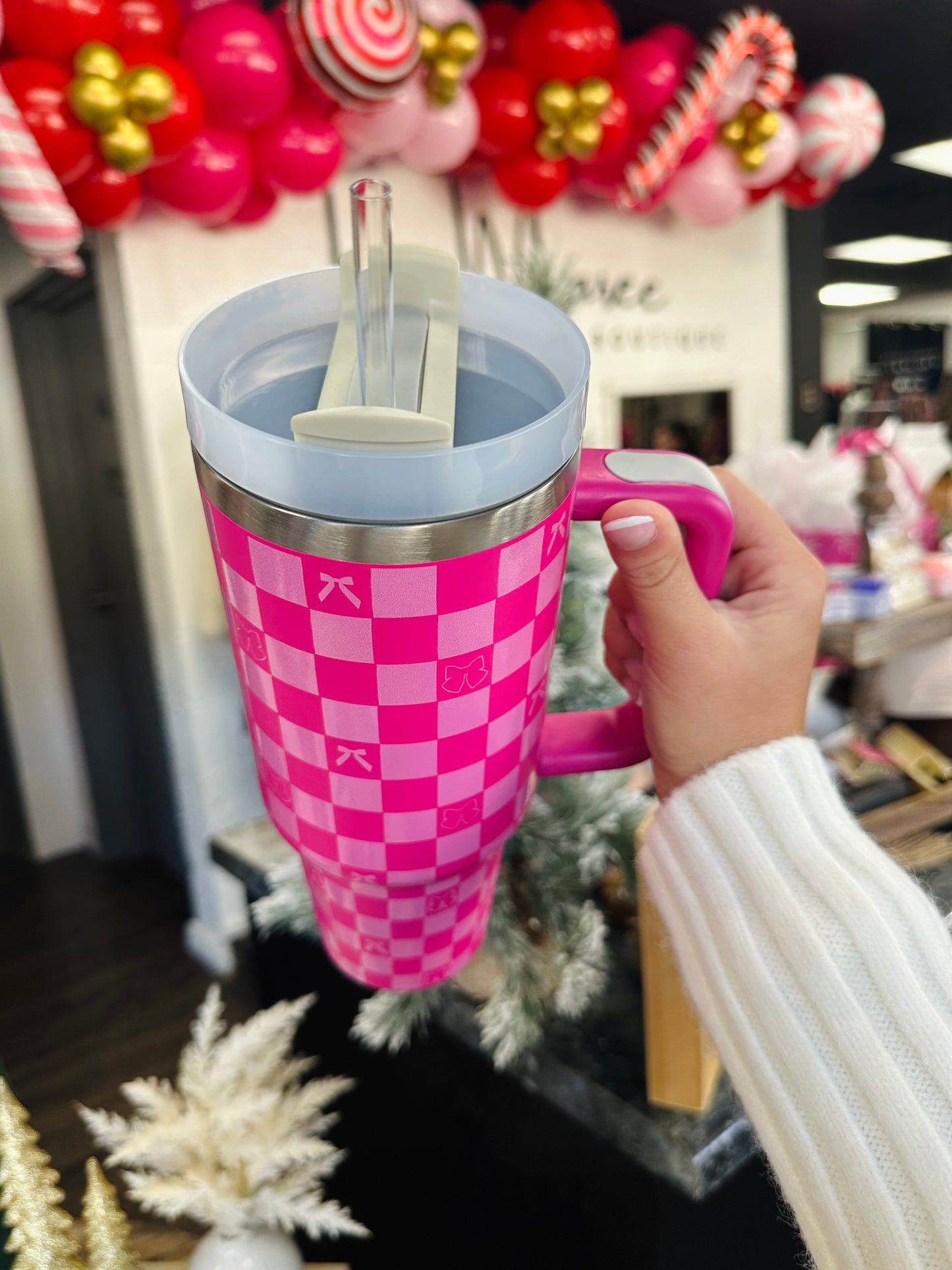 Fuchsia Bow & Checkered Print 40oz Tumbler