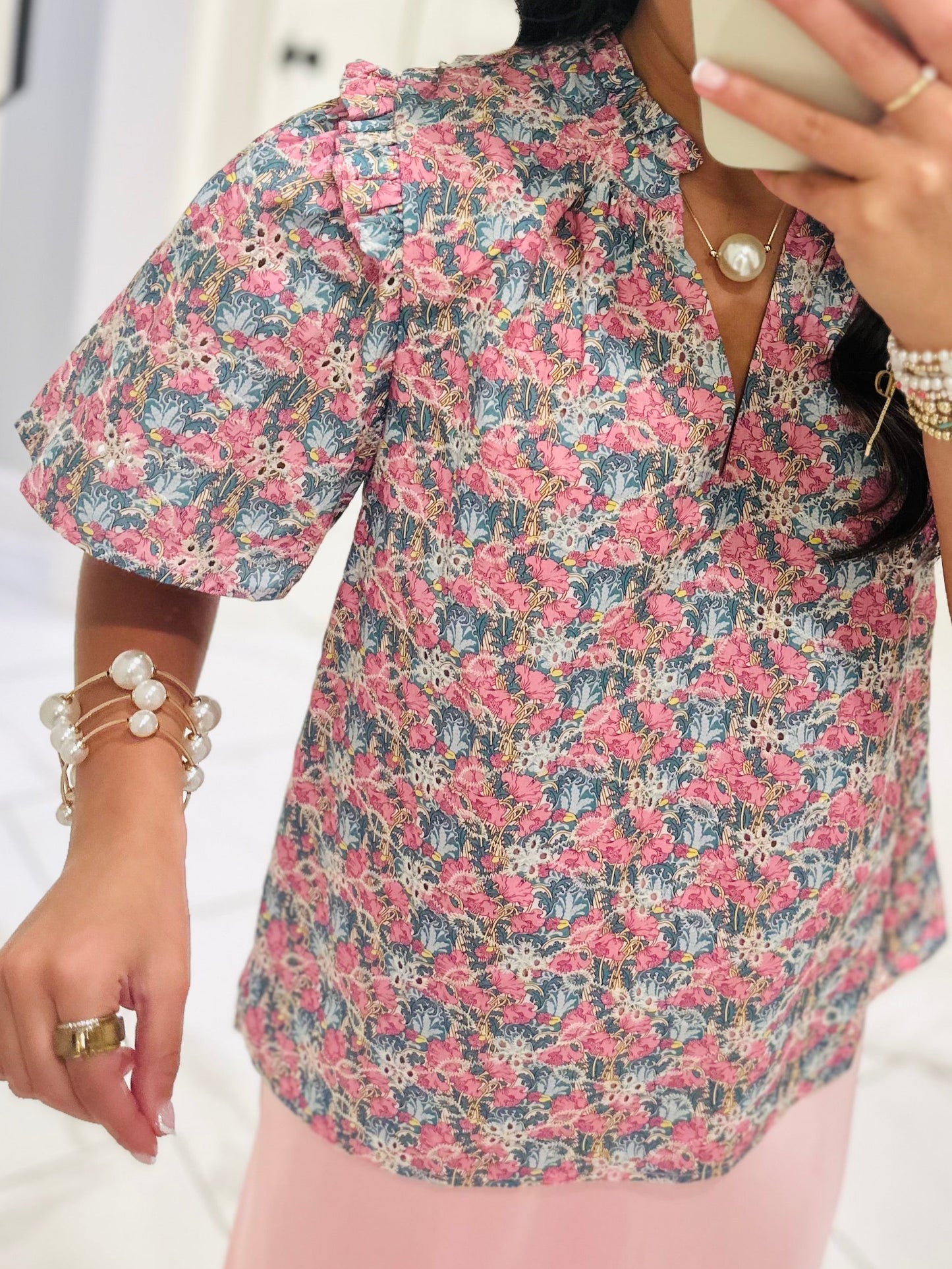 The Gemalee Pink + Green Eyelet Top