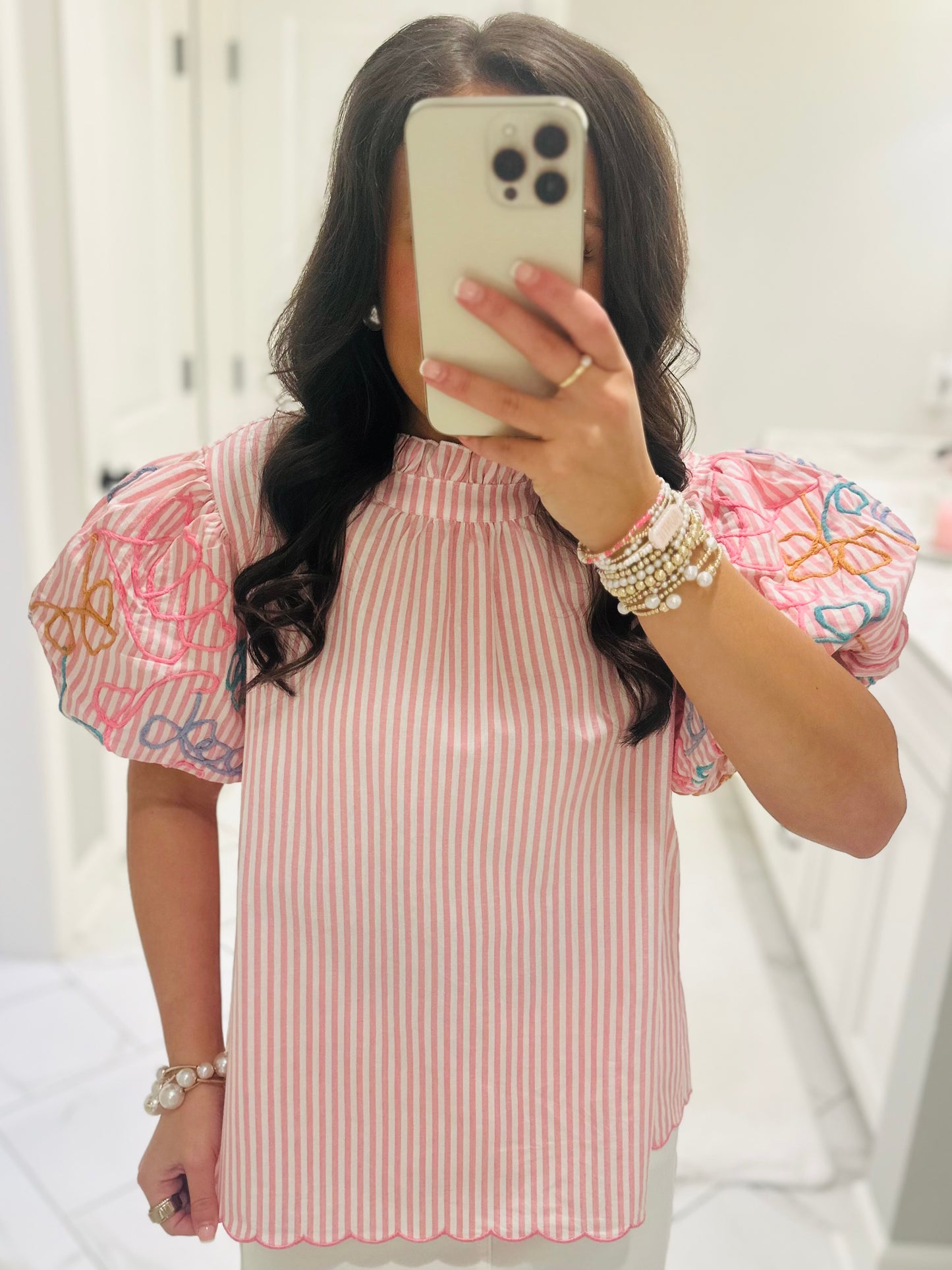 The Madi Rose Pink Striped Bubble Sleeve Top
