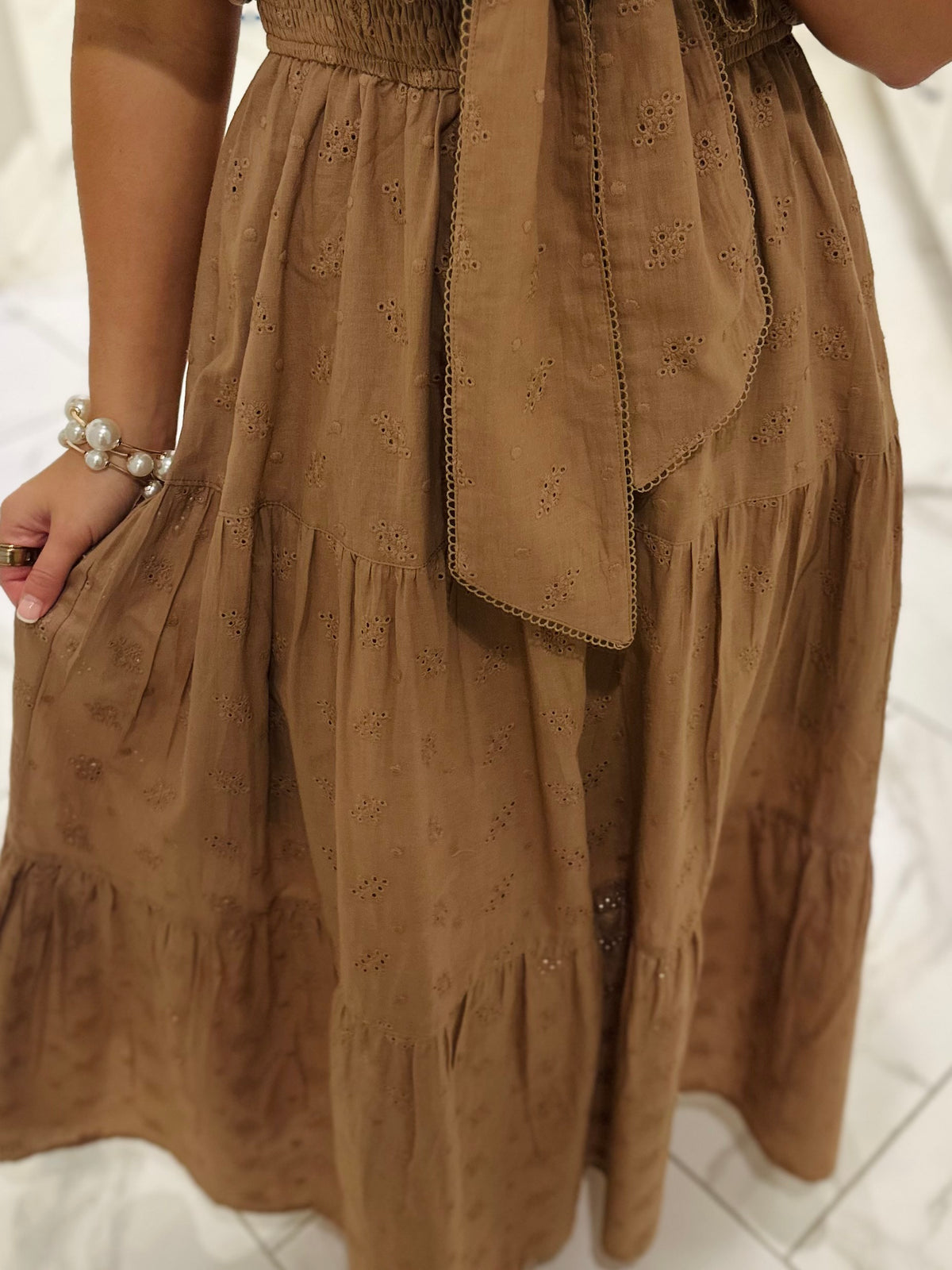 The Isabelle Light Brown Eyelet Bow Midi Dress