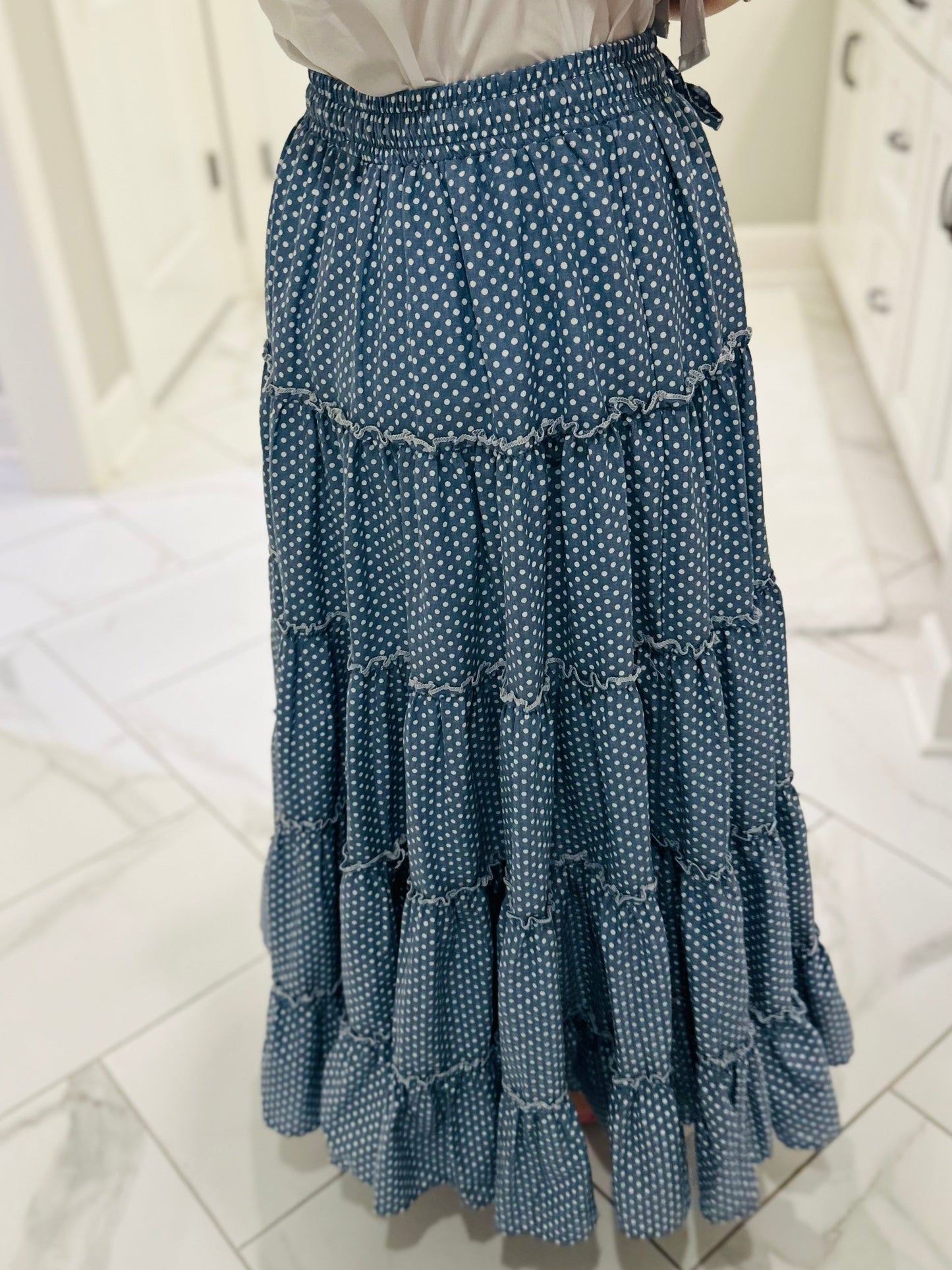 The Shelby Denim Polka Dot Maxi Skirt