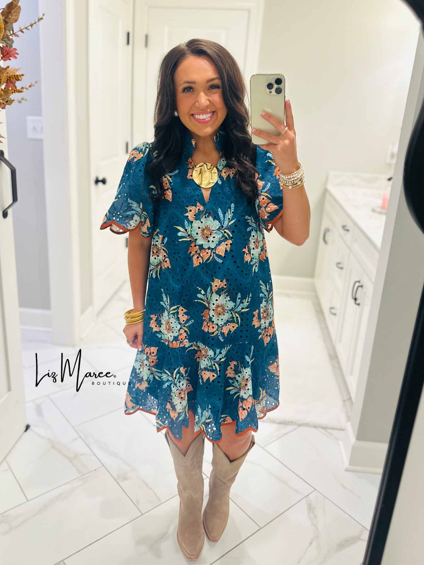 The Brinley Teal Green Floral Eyelet Scallop Dress
