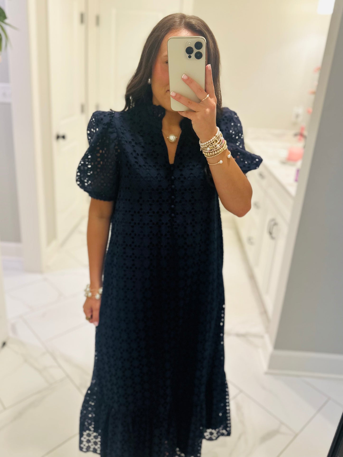The Liz Navy Eyelet Midi Dress