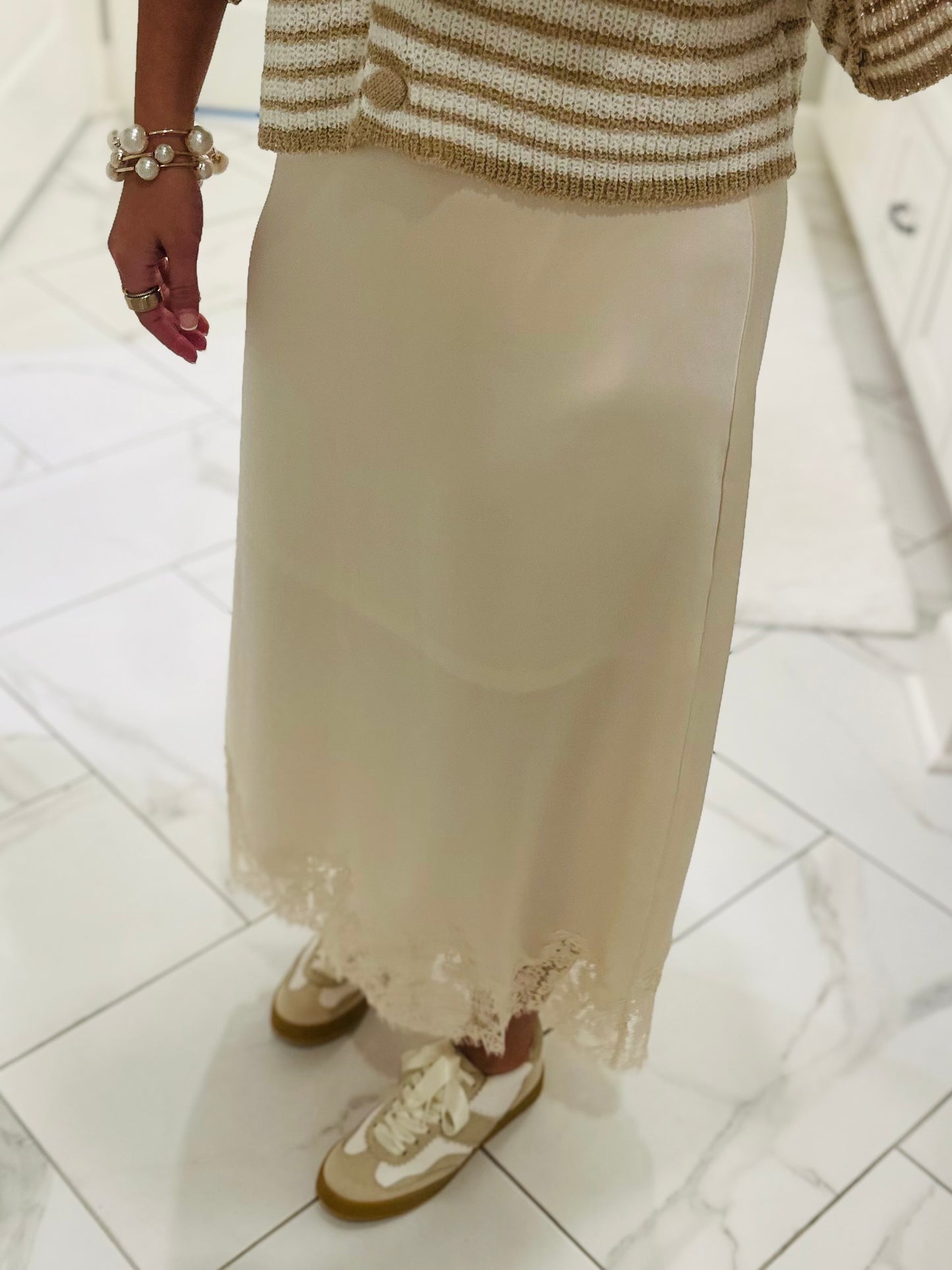 The Dallas Ecru Satin Lace Midi Skirt
