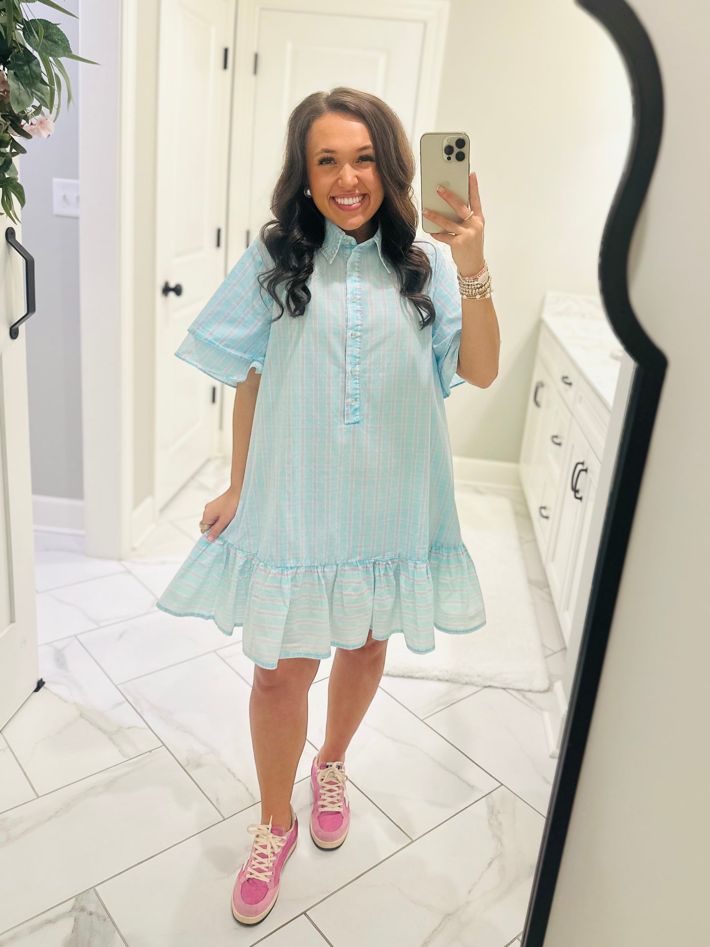 The Laylin Blue Striped Mineral Washed Shirt Dress