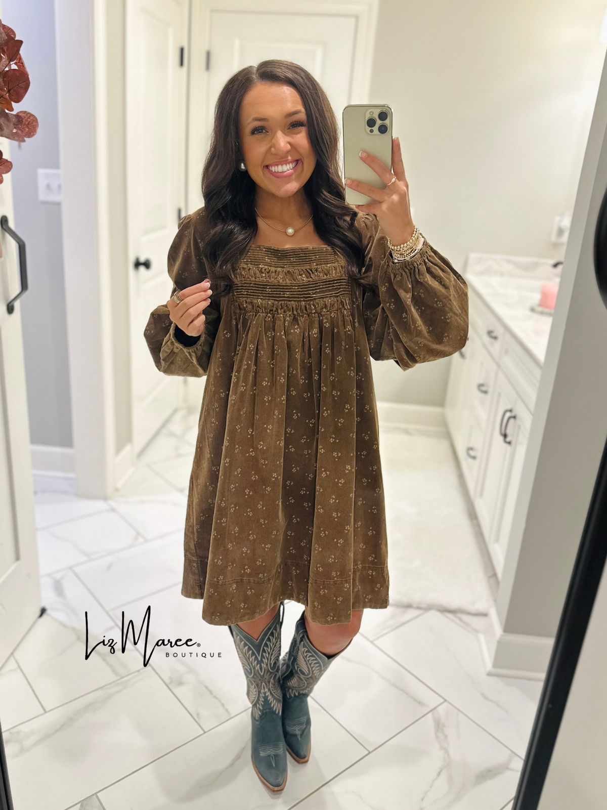 The Cassie Dark Camel Floral Corduroy Dress