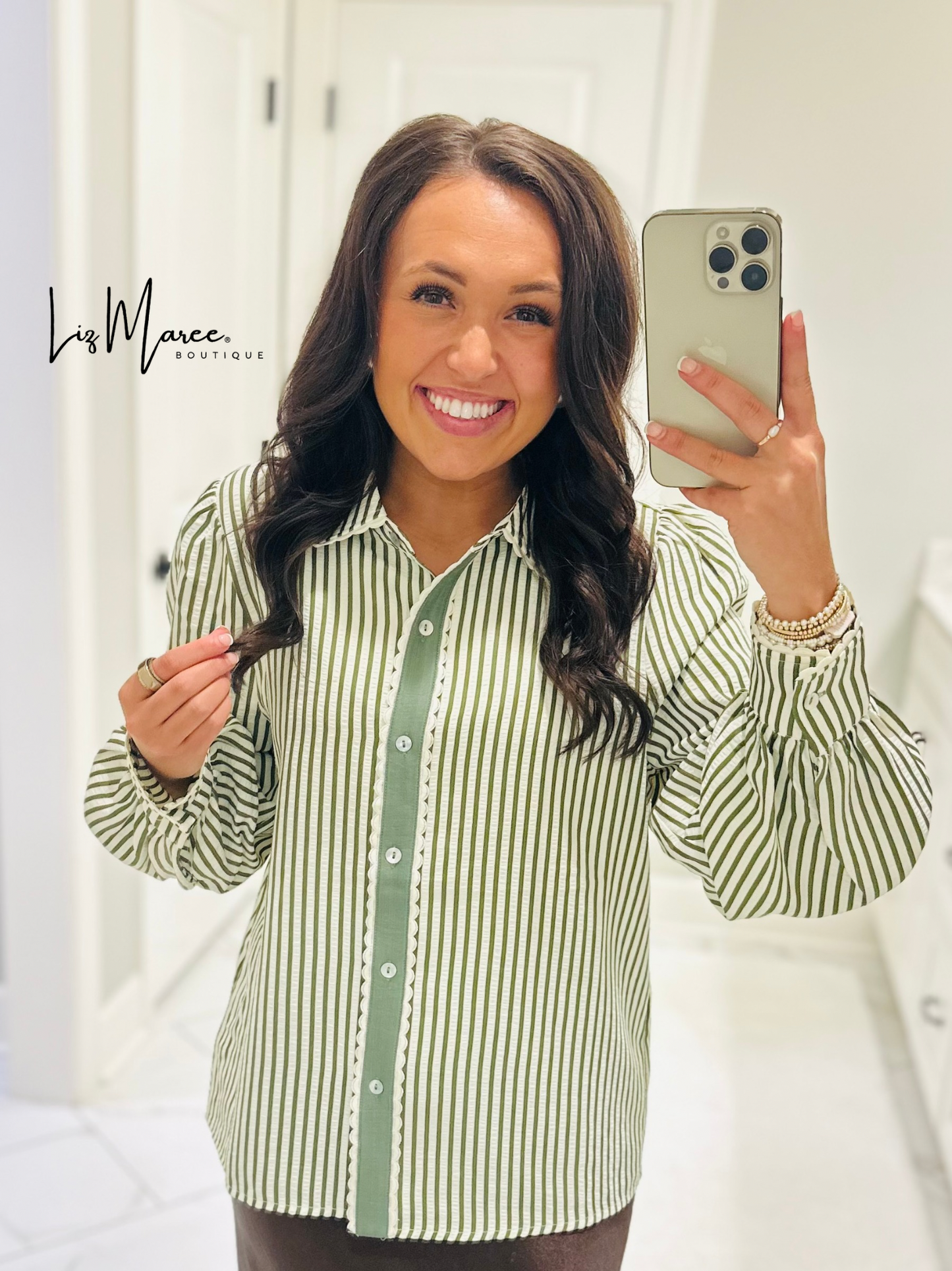 The Kathy Olive Green Striped Scallop Top
