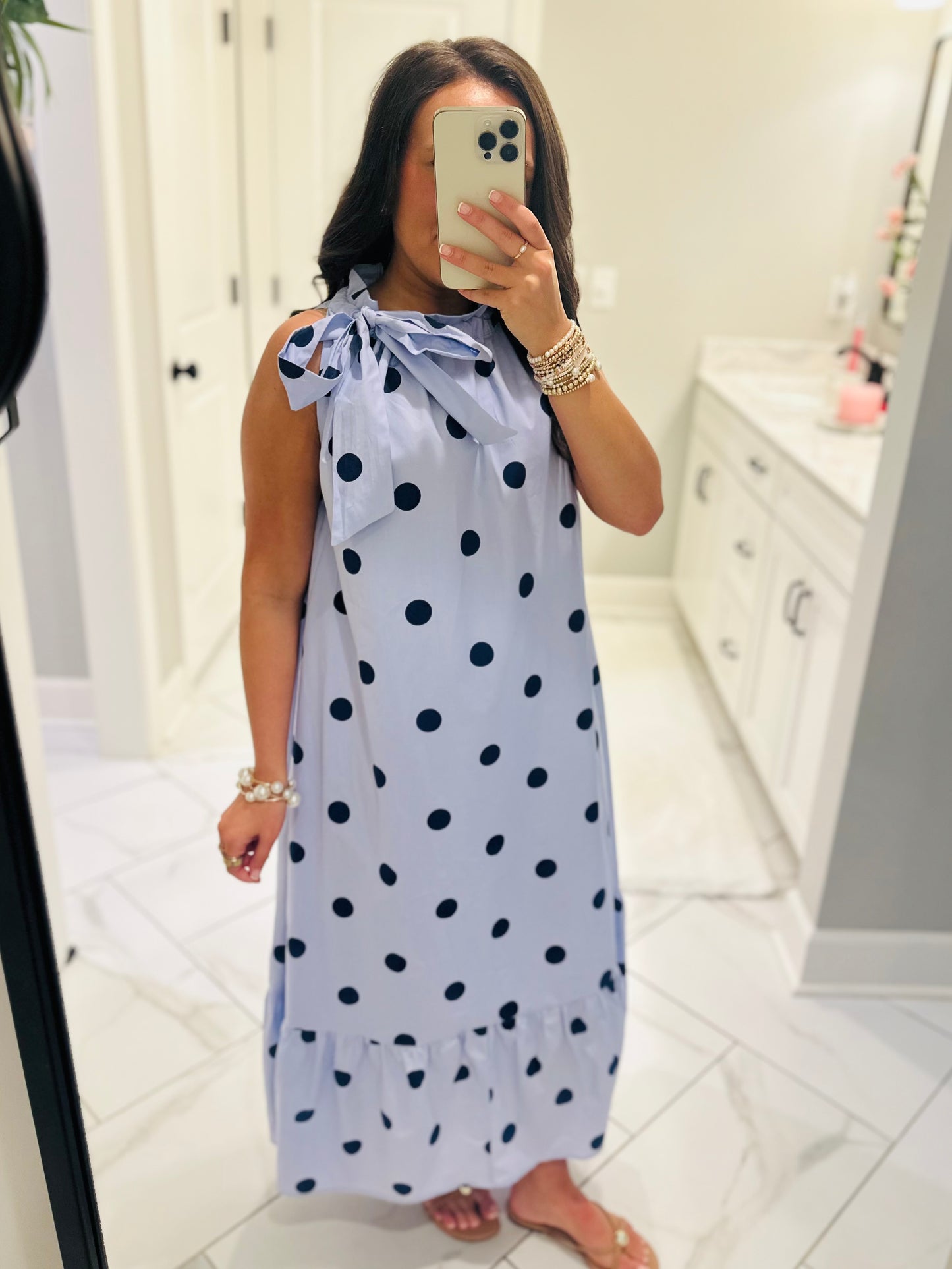 The Leighton Blue Polka Dot Neck Tie Midi Dress