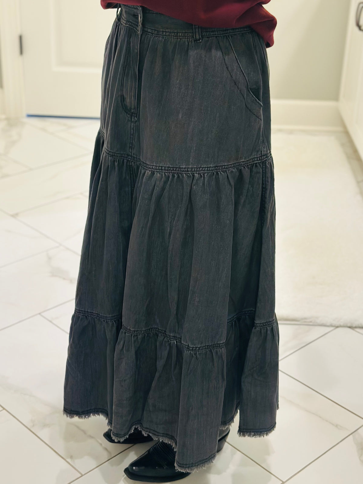 The Callie Black Denim Tiered Midi Skirt
