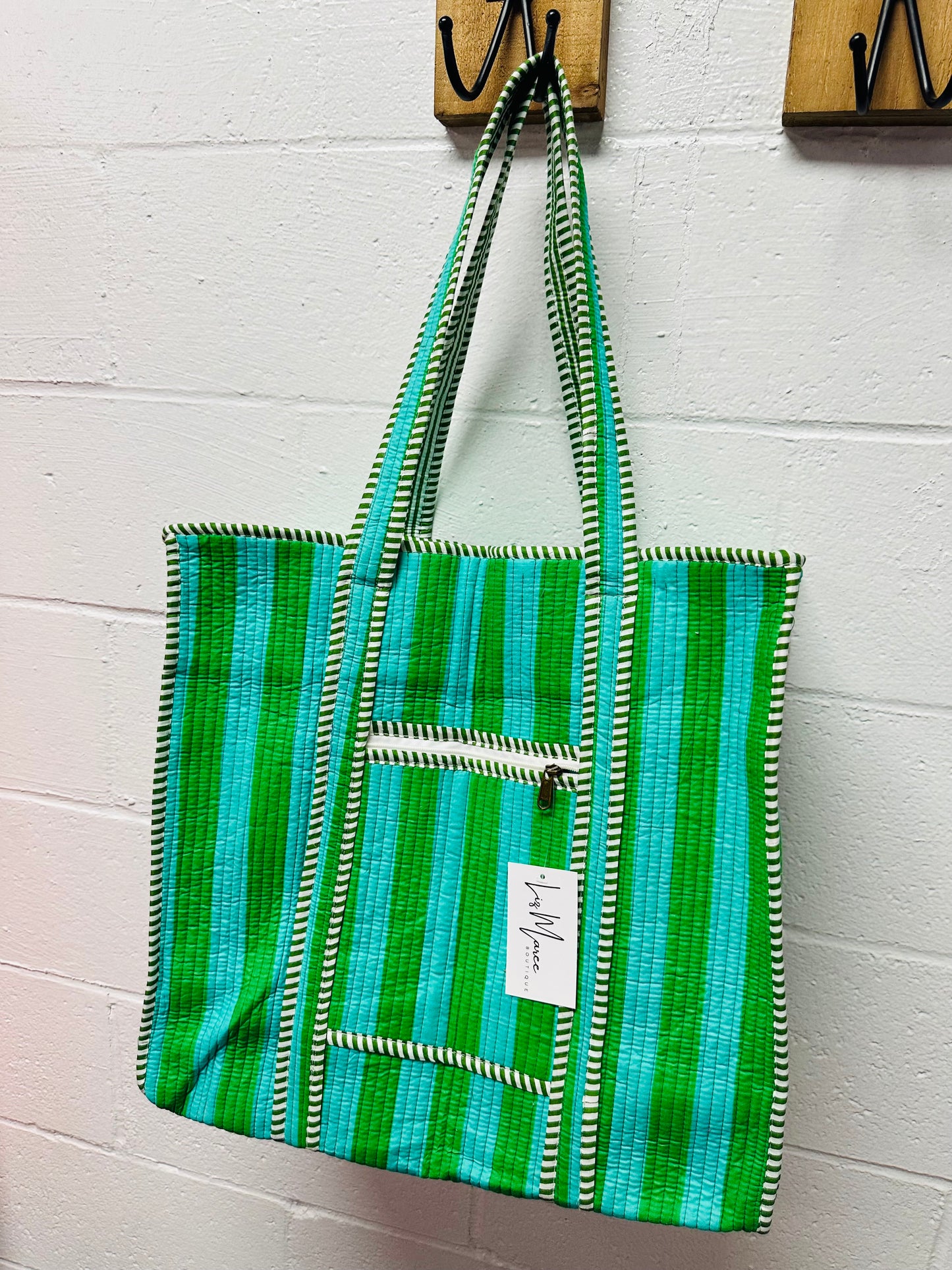 The Teal + Green Striped Quilted Tote Bag