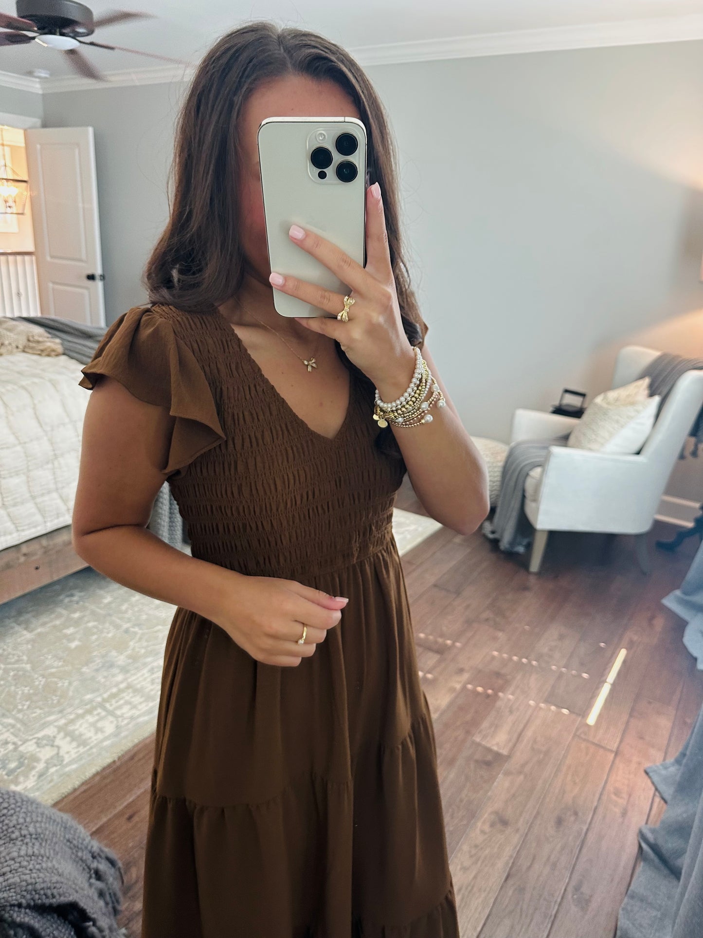 The Maple Copper Brown Flutter Sleeve Smocked Midi Dress