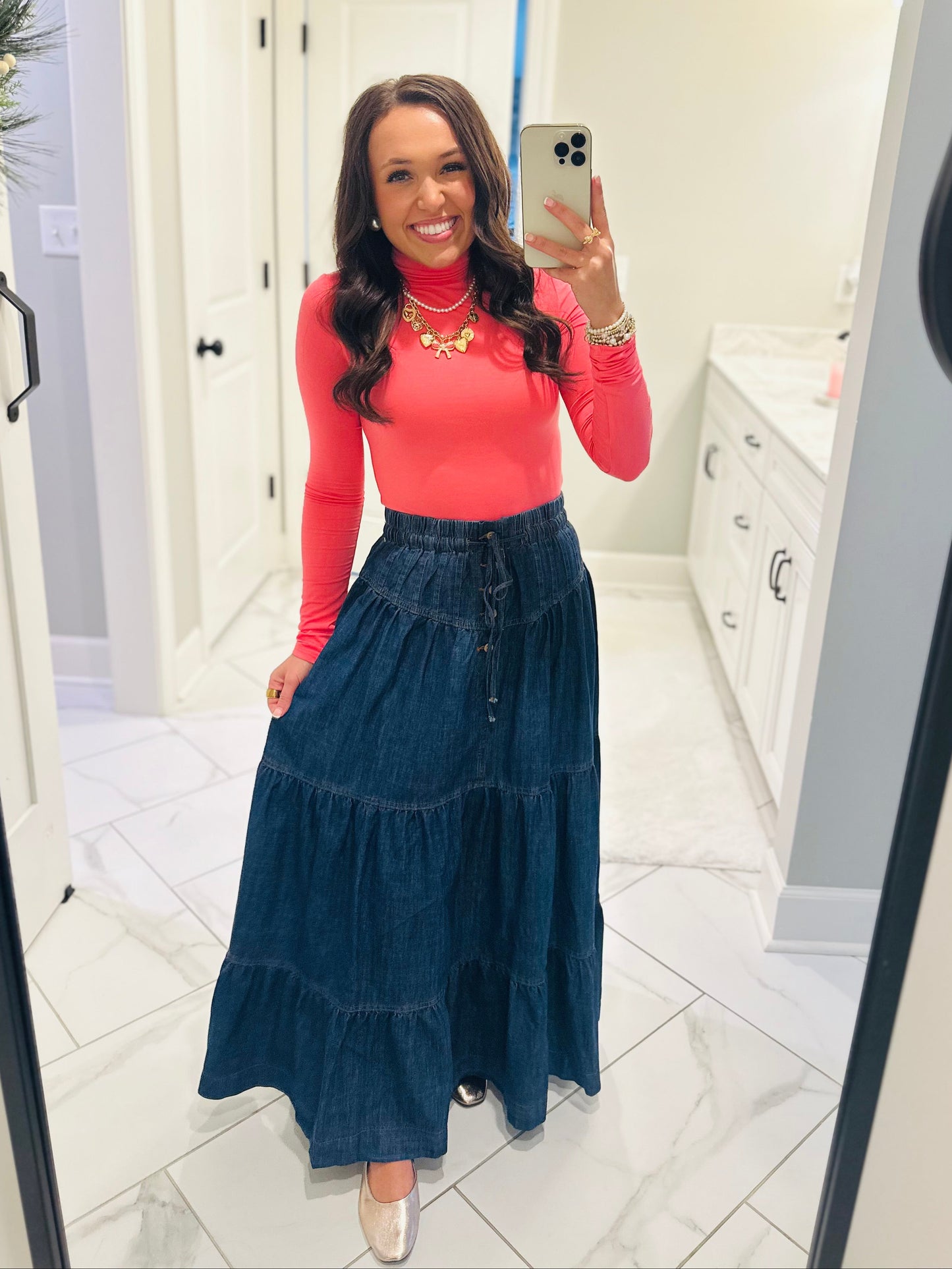 The Mamie Front Button Down Long Denim Skirt