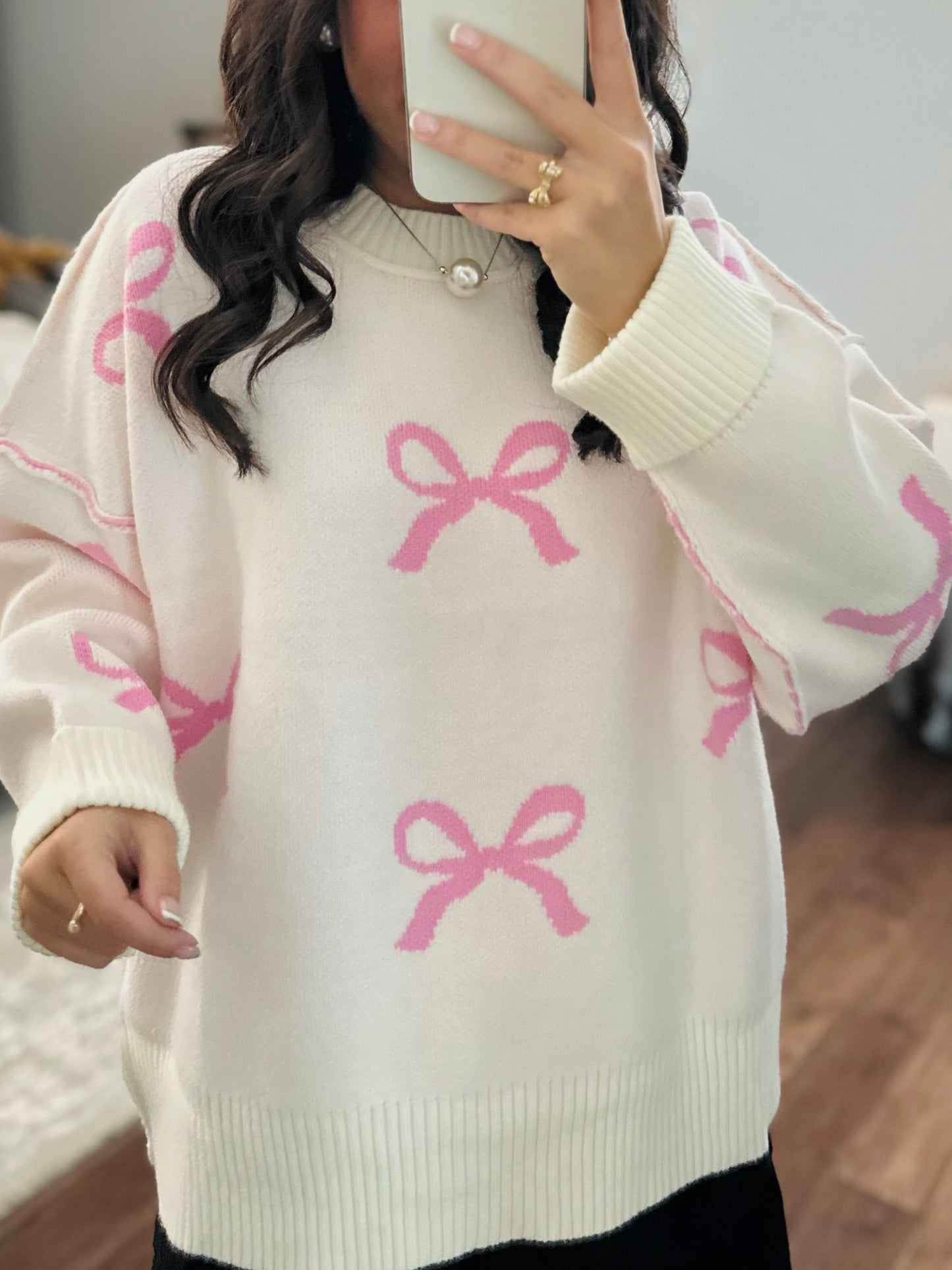 The Grace Pink + Cream Bow Sweater
