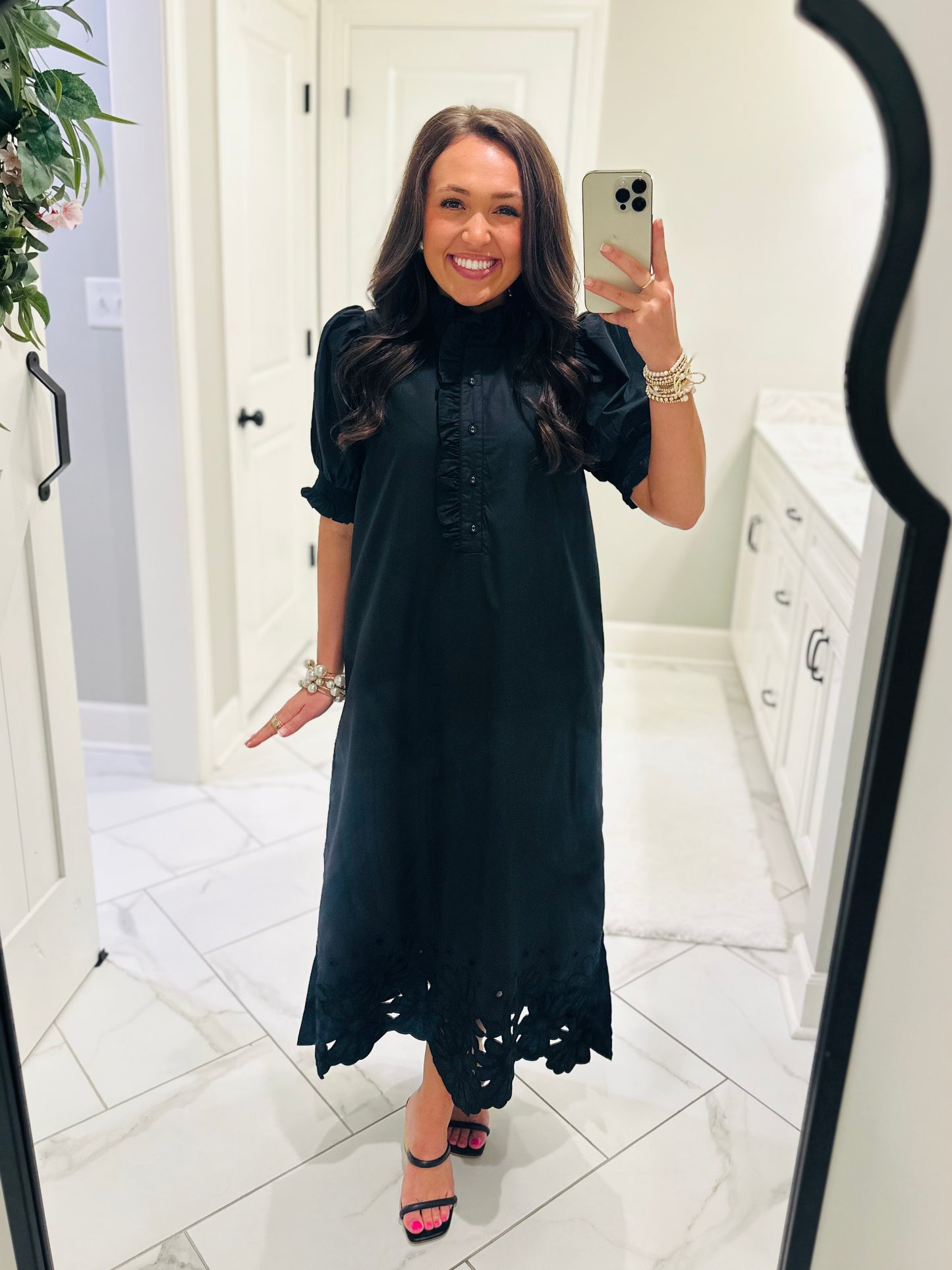 The Blakeley Black Embroidered Scallop Midi Dress