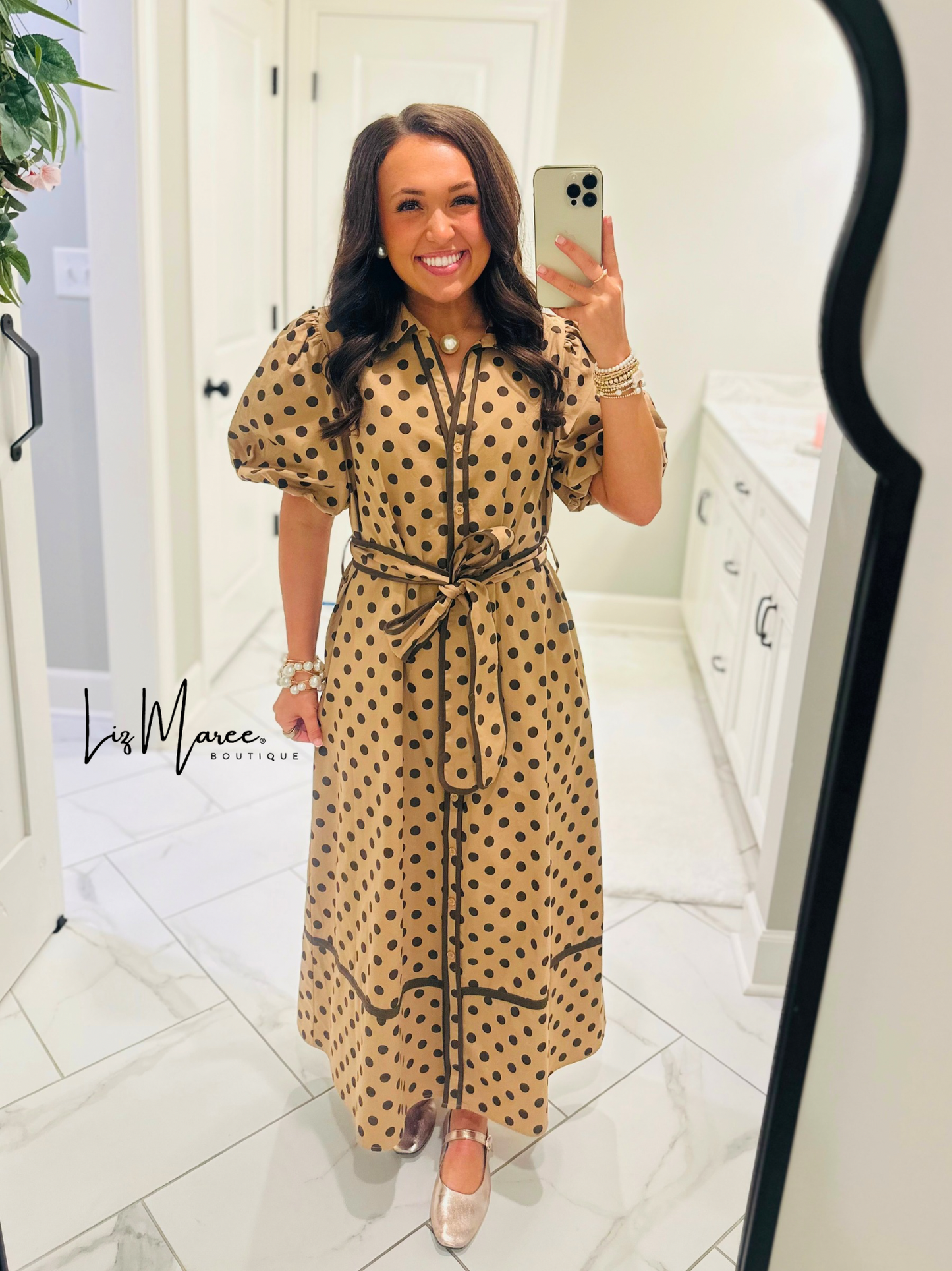 The Tatum Taupe Polka Dot Midi Dress