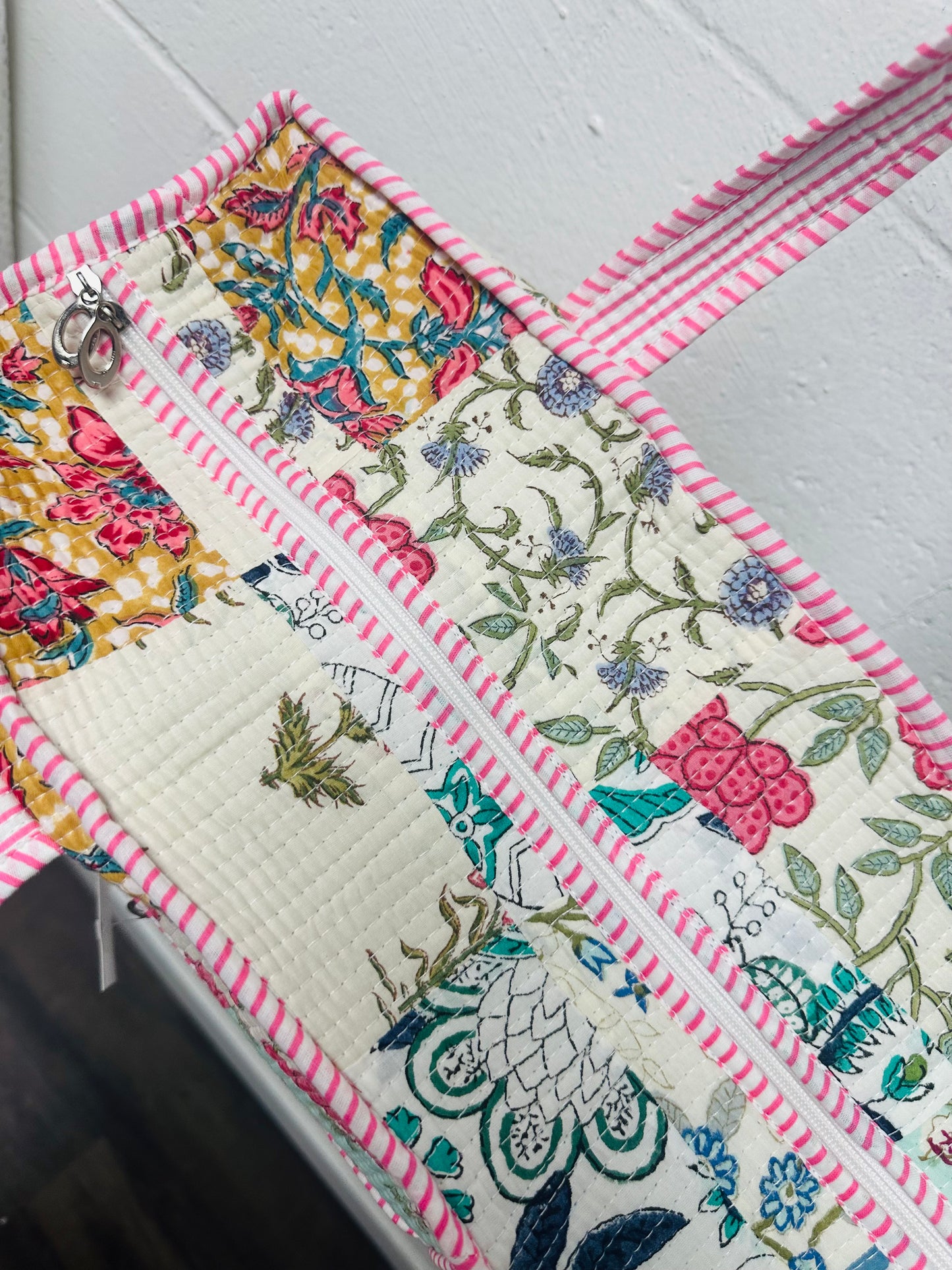The Pink + Blue Multicolor Patchwork Quilted Tote Bag