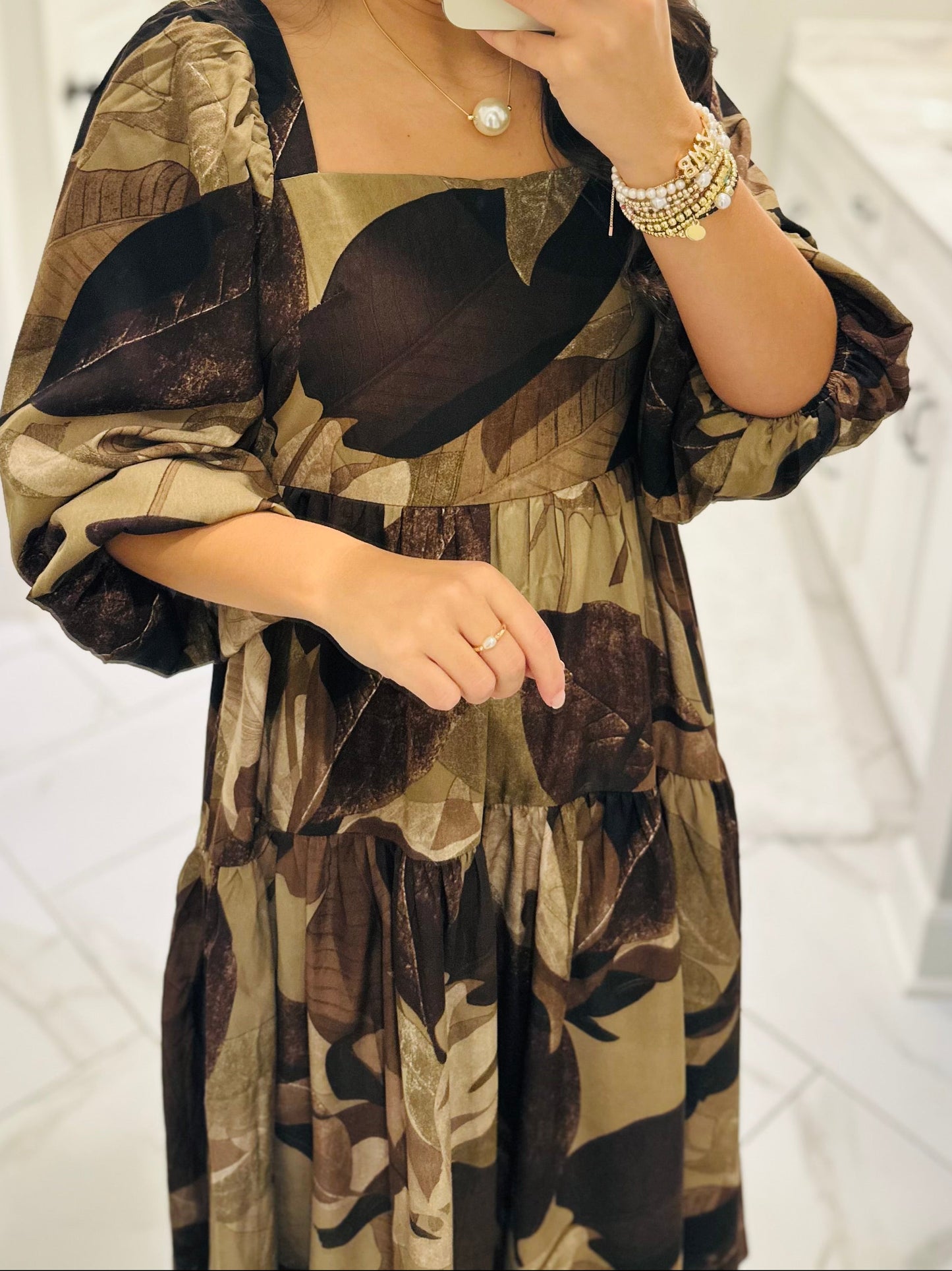 The Loretta Mocha Leaf Midi Dress