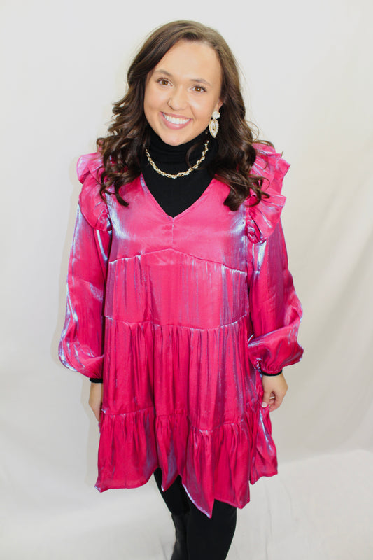 Berry Pink Metallic Tiered Dress