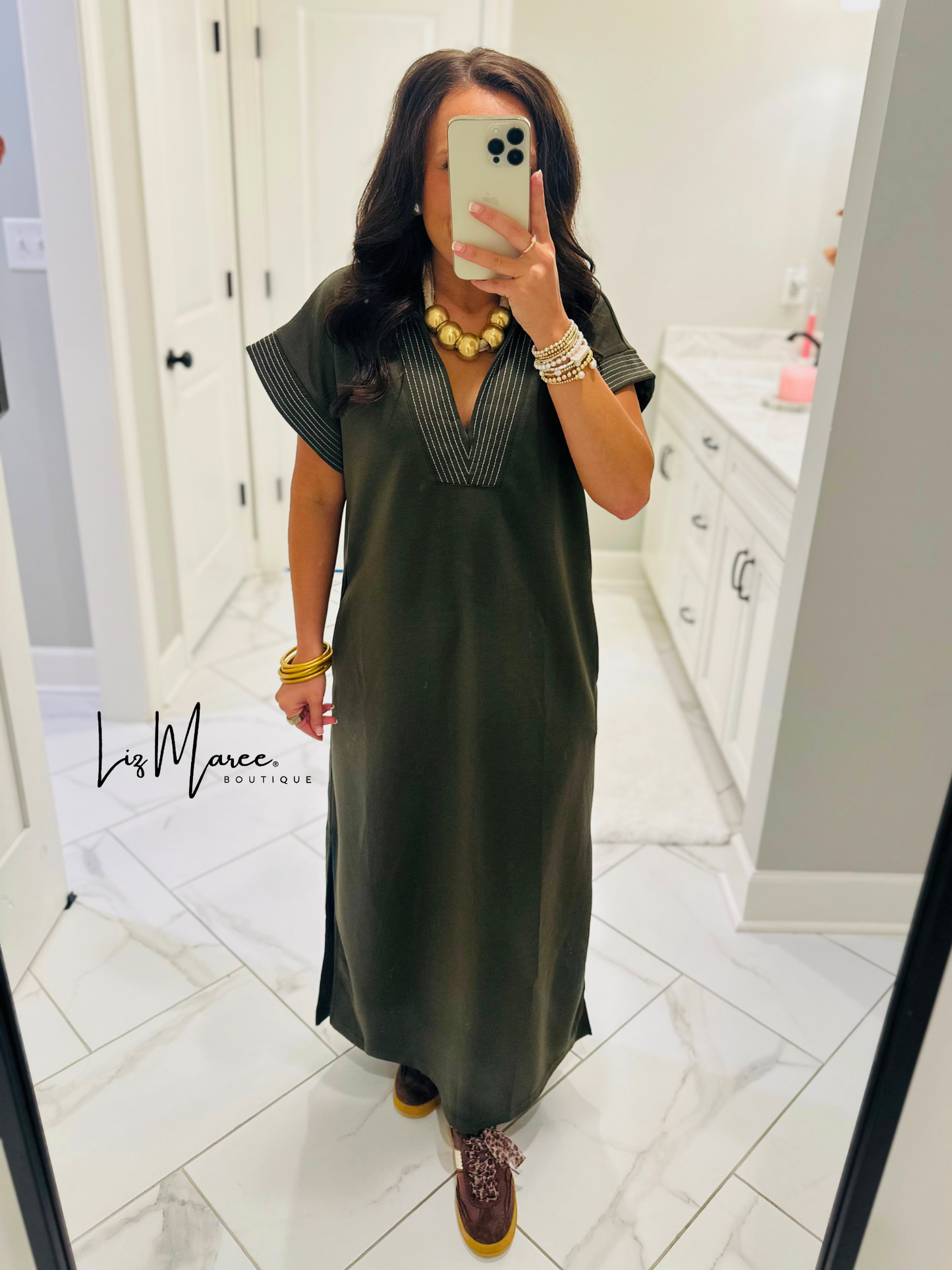 The Parker Olive Collared Stitch Midi Dress